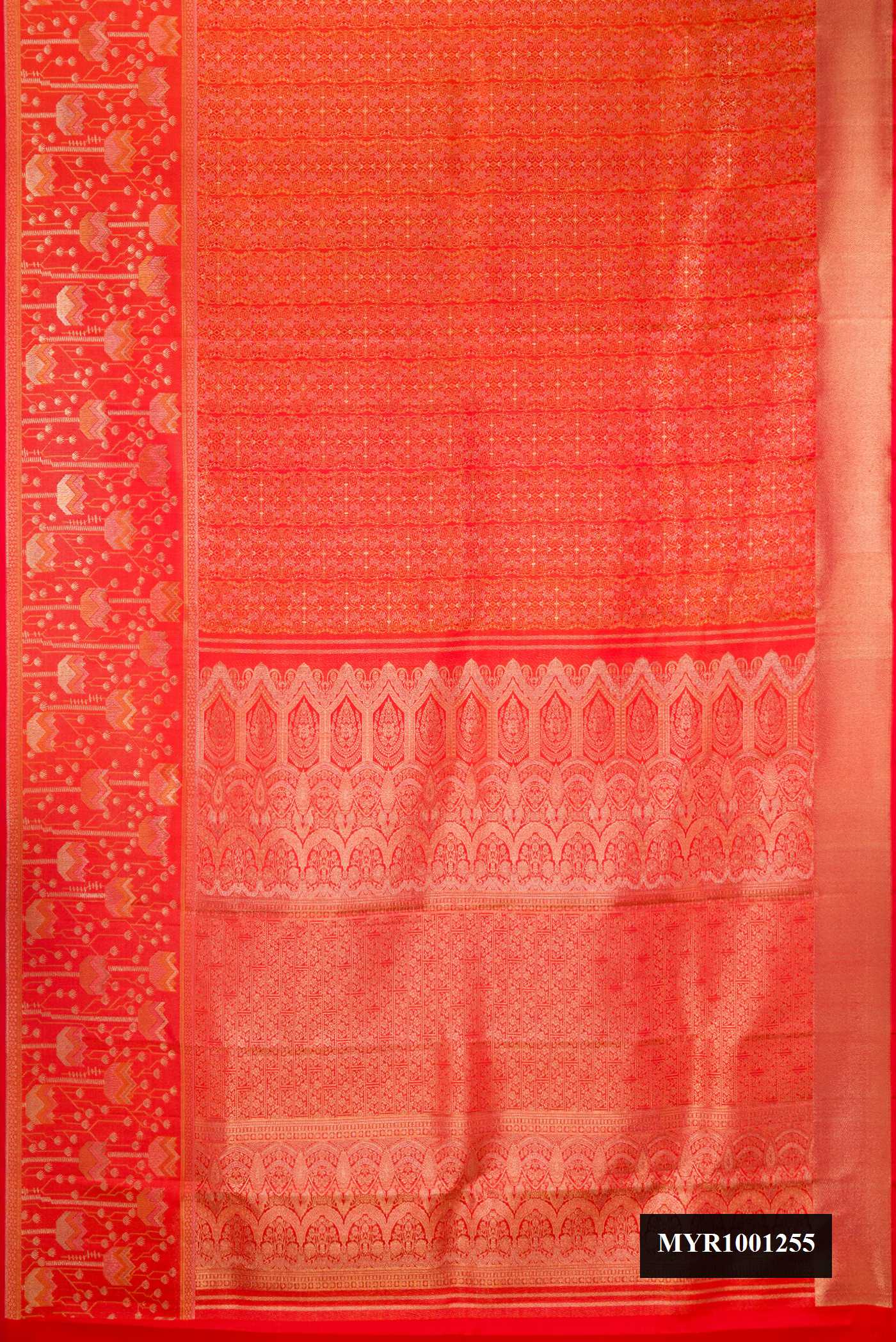 Orange Dual Tone Kanchipuram Silk Saree with Zari Brocade on the body and Fancy Border.  displayed on a mannequin