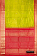 Parrot Green Dual Tone Kanchipuram Tissue Silk Saree with Zari Brocade on the body and Zari Border.  displayed on a mannequin