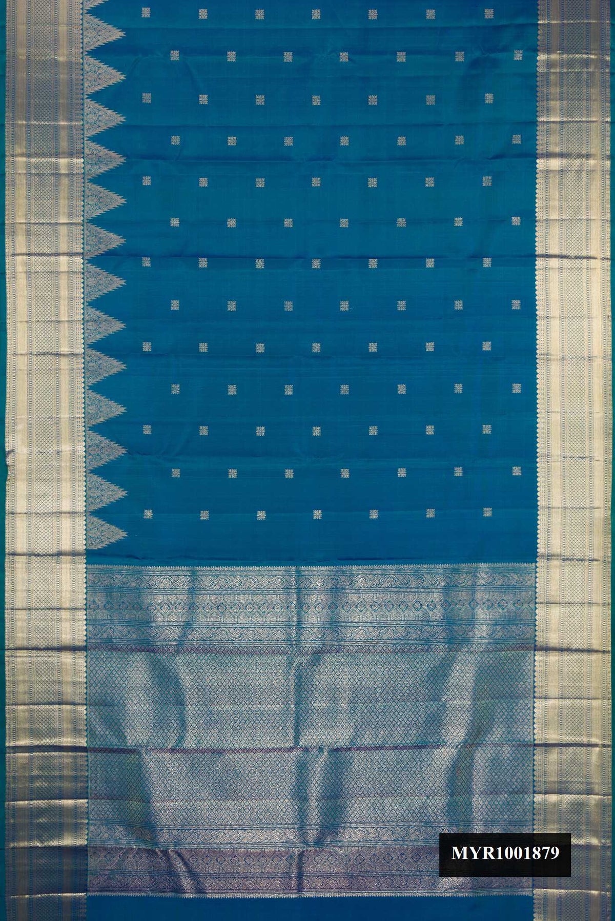 Peacock Blue Dual Tone Kanchipuram Silk Saree with Zari Butta on the body and Temple Border.  displayed on a mannequin