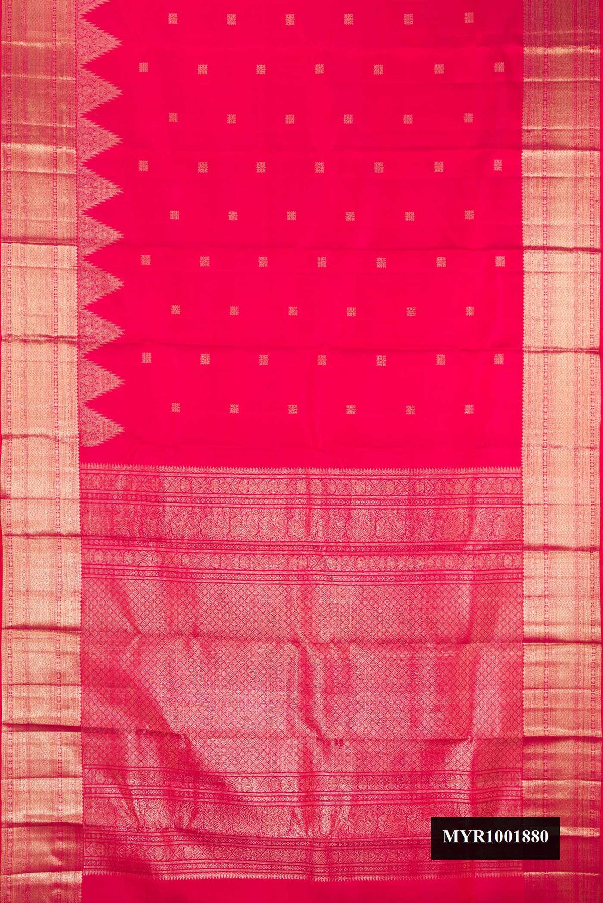 Dark Pink Dual Tone Kanchipuram Silk Saree with Zari Butta on the body and Temple Border.  displayed on a mannequin