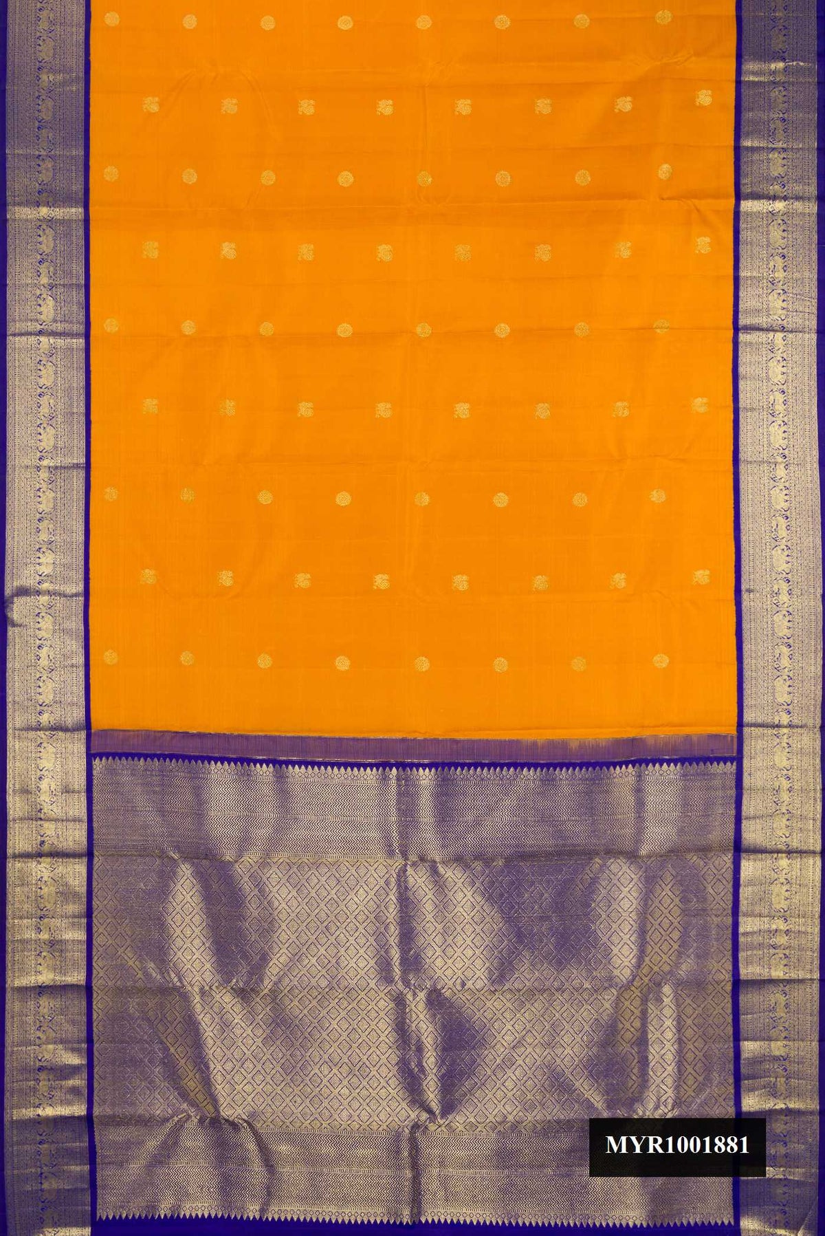 Mustard Dual Tone Kanchipuram Silk Saree with Zari Butta on the body and Zari Border.  displayed on a mannequin