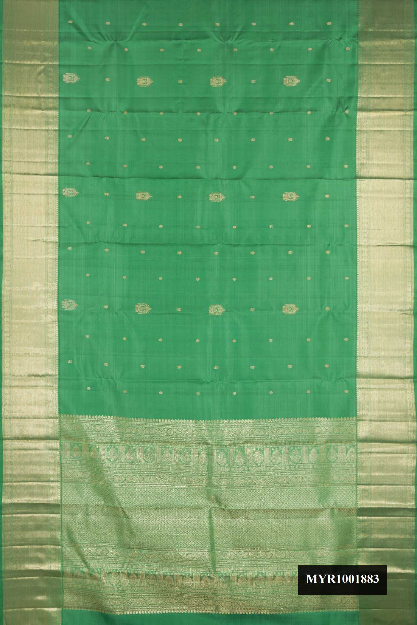 Pista Green Dual Tone Kanchipuram Silk Saree with Zari Butta on the body and Zari Border.  displayed on a mannequin