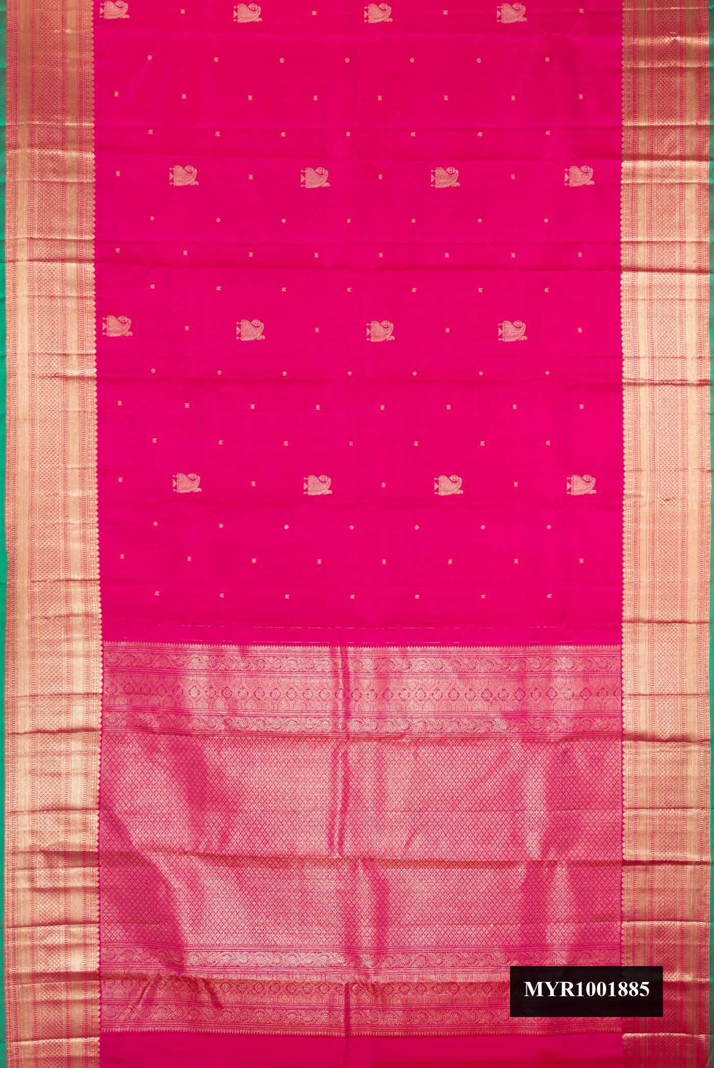 Rani Pink Dual Tone Kanchipuram Silk Saree with Zari Butta on the body and Zari Border.  displayed on a mannequin