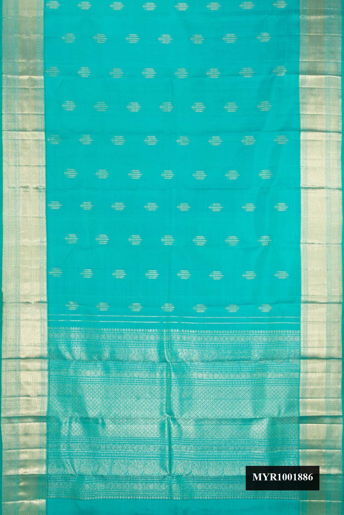 Sky Blue Dual Tone Kanchipuram Silk Saree with Zari Butta on the body and Zari Border.  displayed on a mannequin