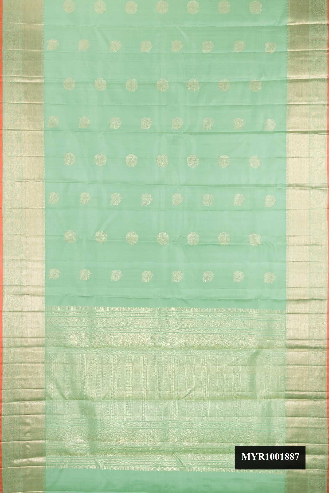 Pista Green Dual Tone Kanchipuram Silk Saree with Zari Butta on the body and Zari Border.  displayed on a mannequin