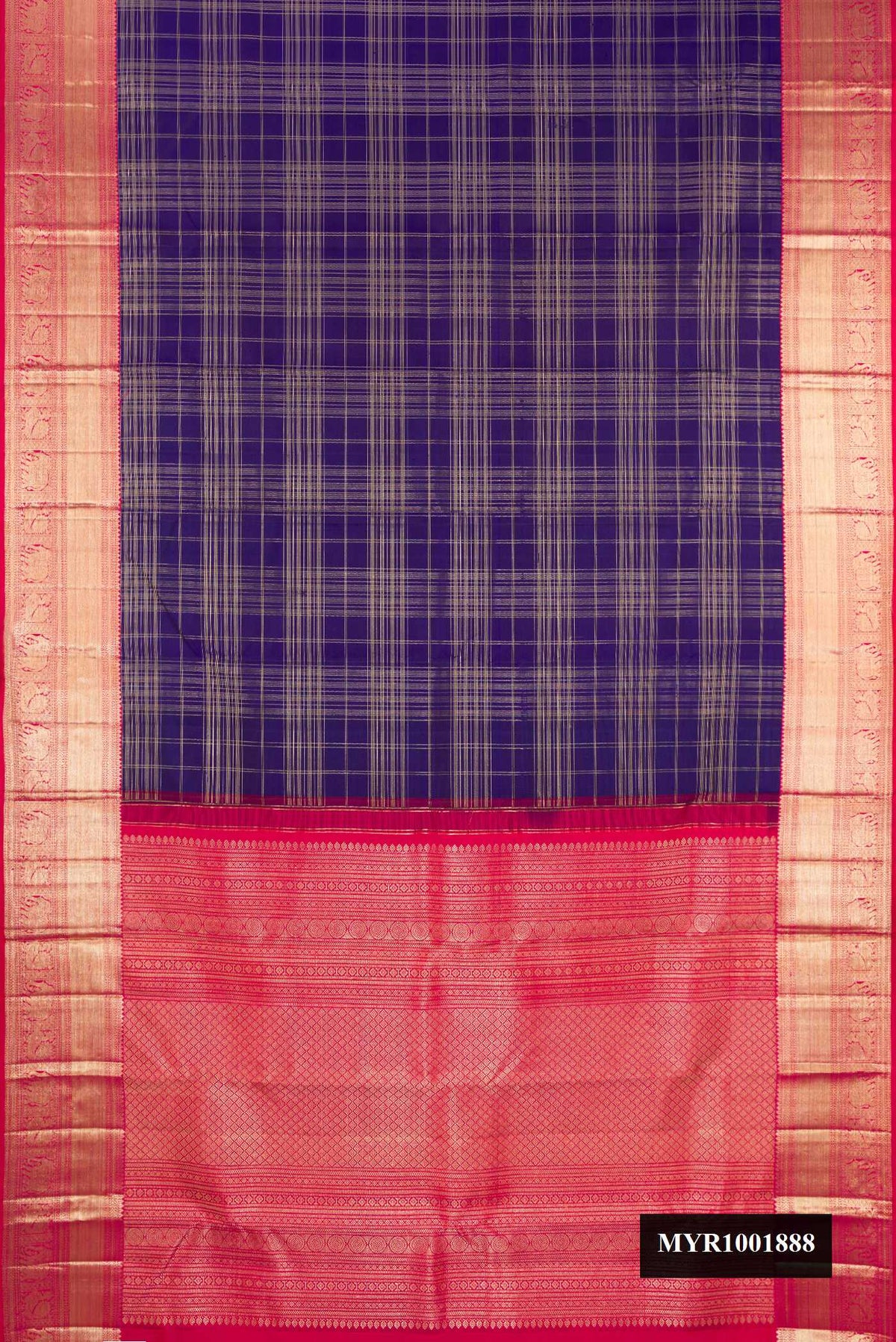 Navy Blue Dual Tone Kanchipuram Silk Saree with Checked design on the body and Zari Border.  displayed on a mannequin