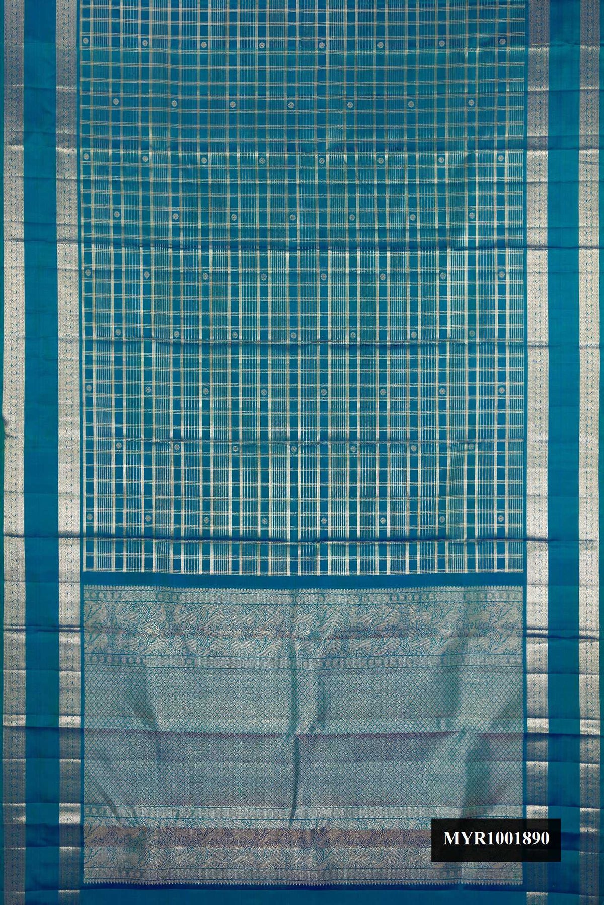 Peacock Blue Dual Tone Kanchipuram Silk Saree with Checked design on the body and Fancy Border.  displayed on a mannequin