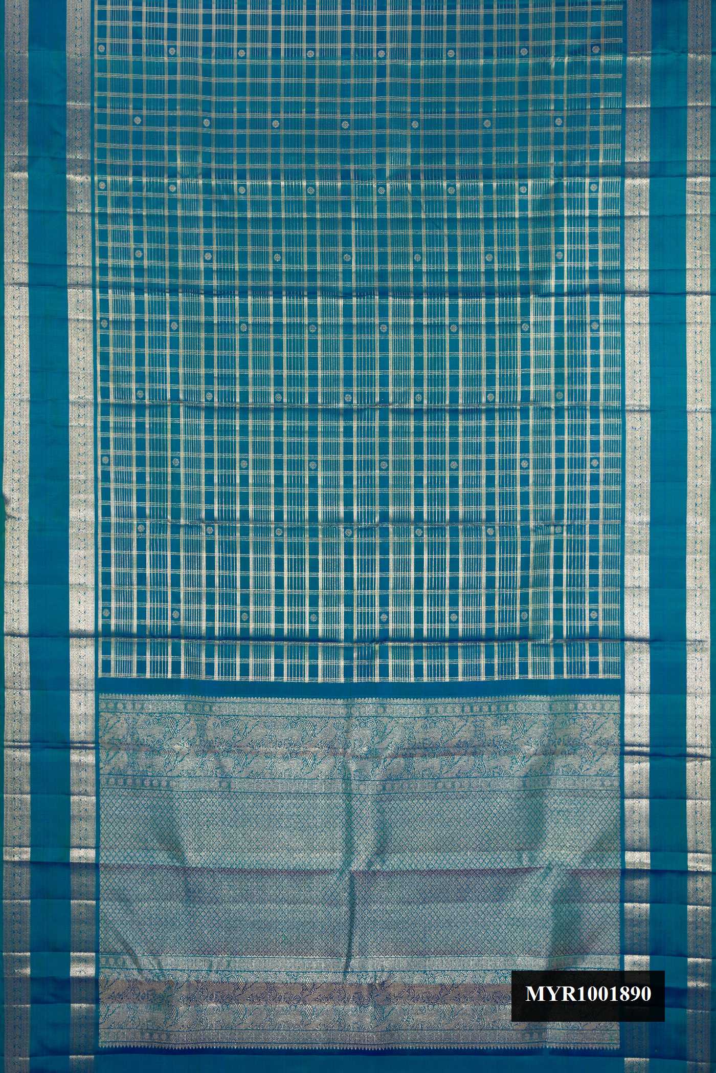 Peacock Blue Dual Tone Kanchipuram Silk Saree with Checked design on the body and Fancy Border.  displayed on a mannequin