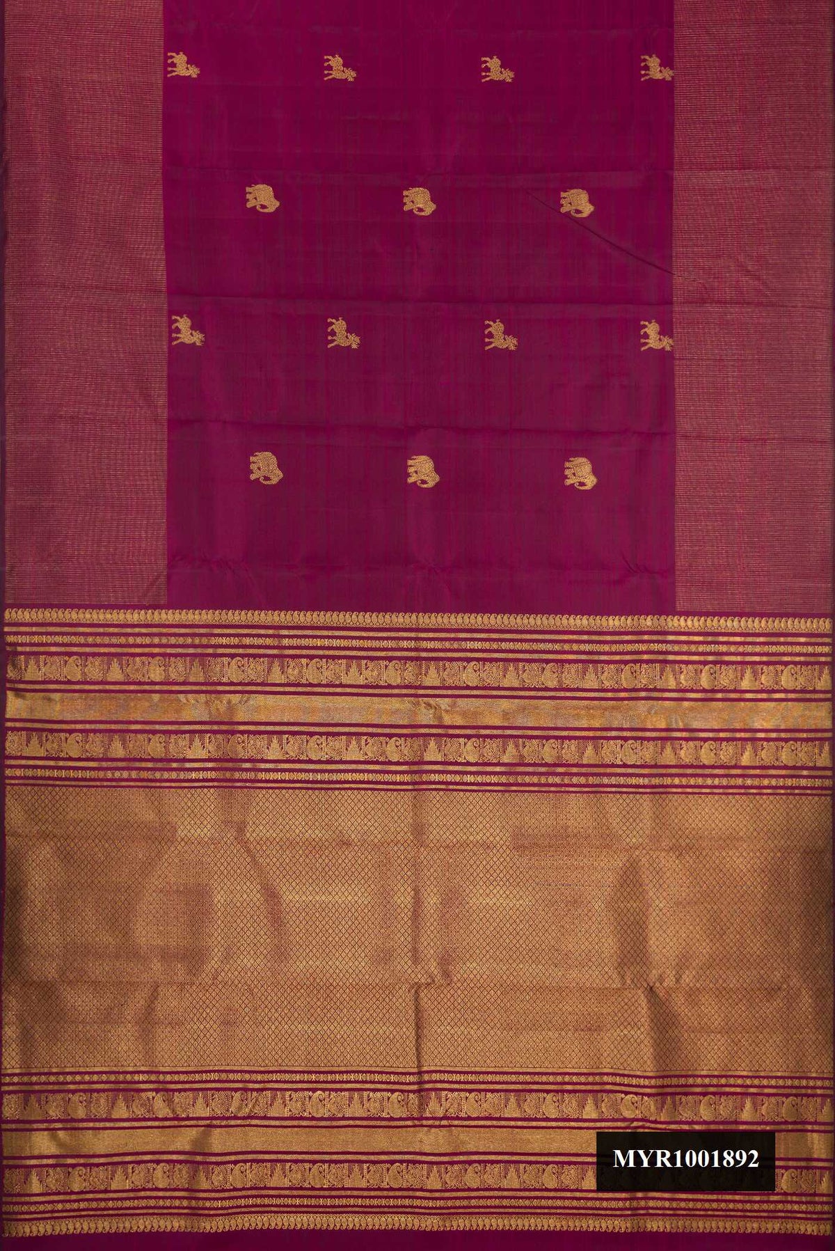 Magenta Dual Tone Kanchipuram Silk Saree with Zari Butta on the body and Zari Border.  displayed on a mannequin