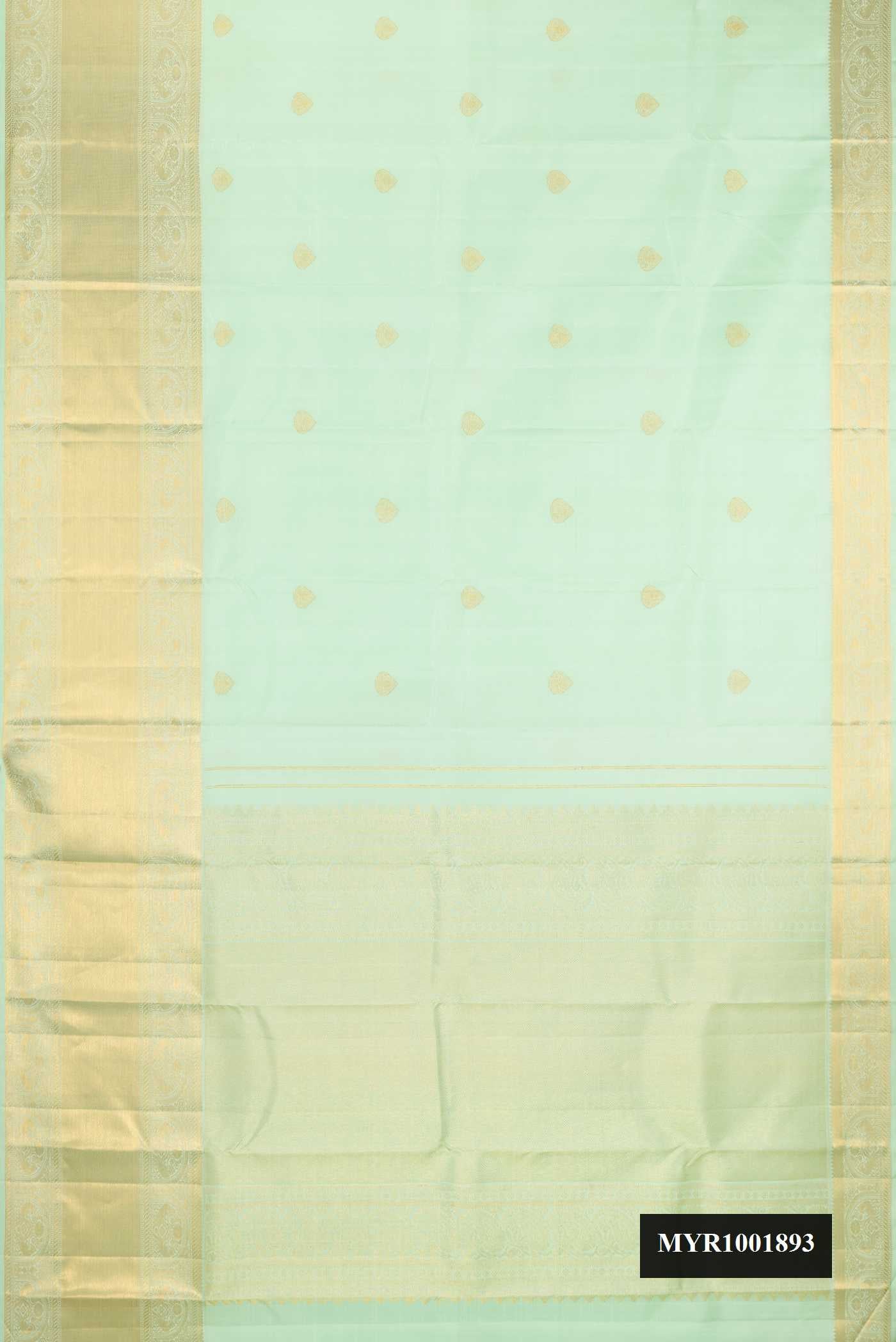 Pista Green Dual Tone Kanchipuram Silk Saree with Zari Butta on the body and Zari Border.  displayed on a mannequin