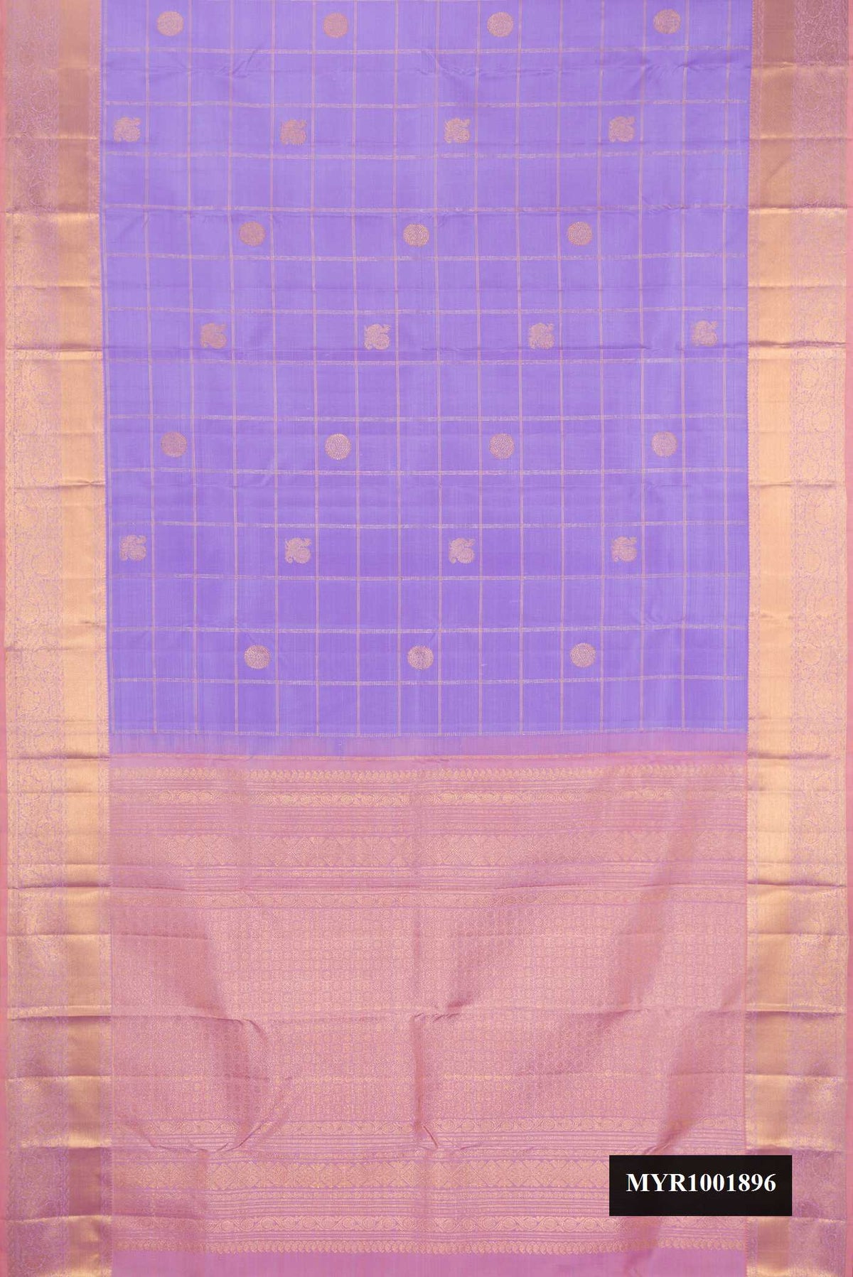 Lilac Dual Tone Kanchipuram Silk Saree with Checked design on the body and Zari Border.  displayed on a mannequin