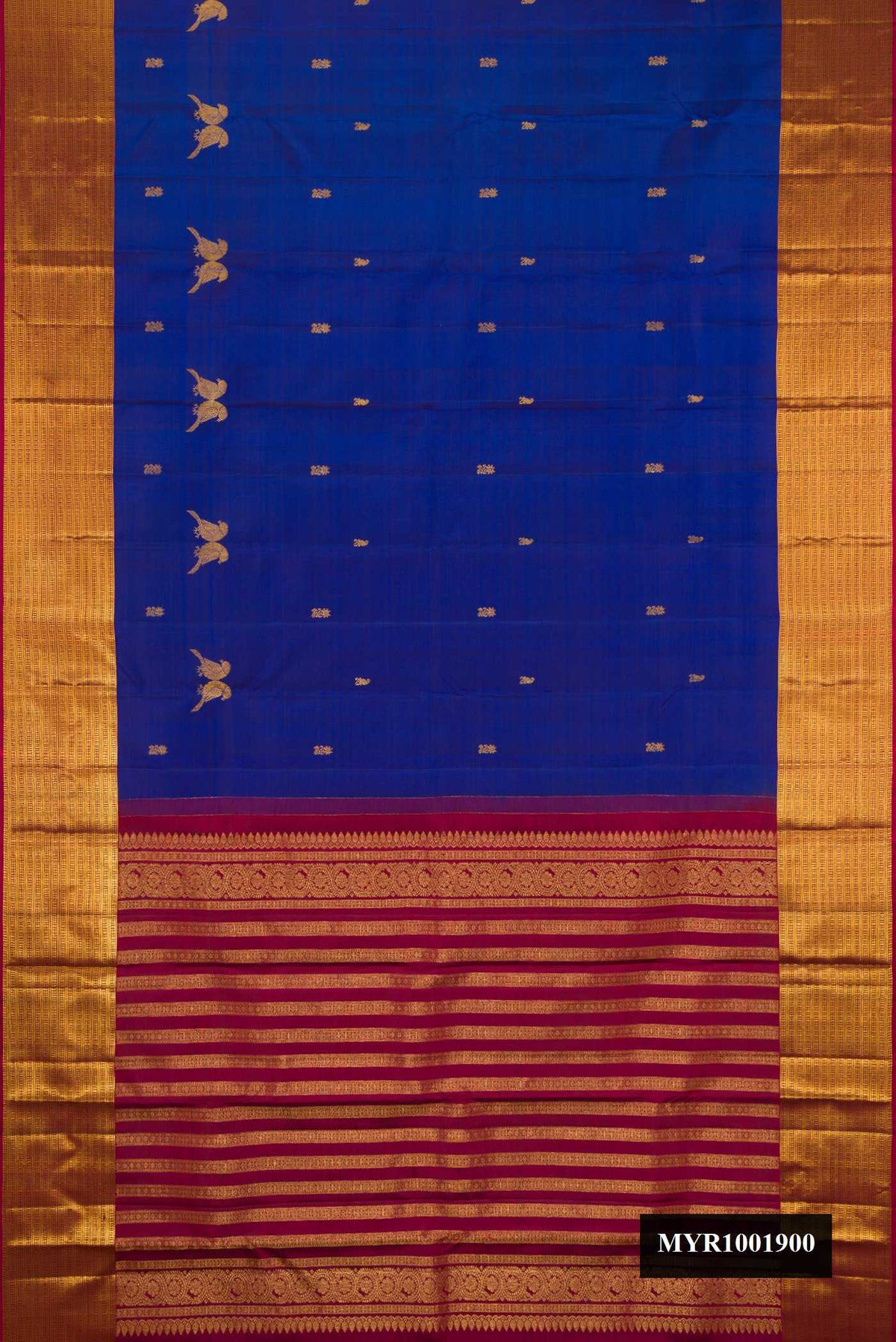 Royal Blue Dual Tone Kanchipuram Silk Saree with Zari Butta on the body and Zari Border.  displayed on a mannequin