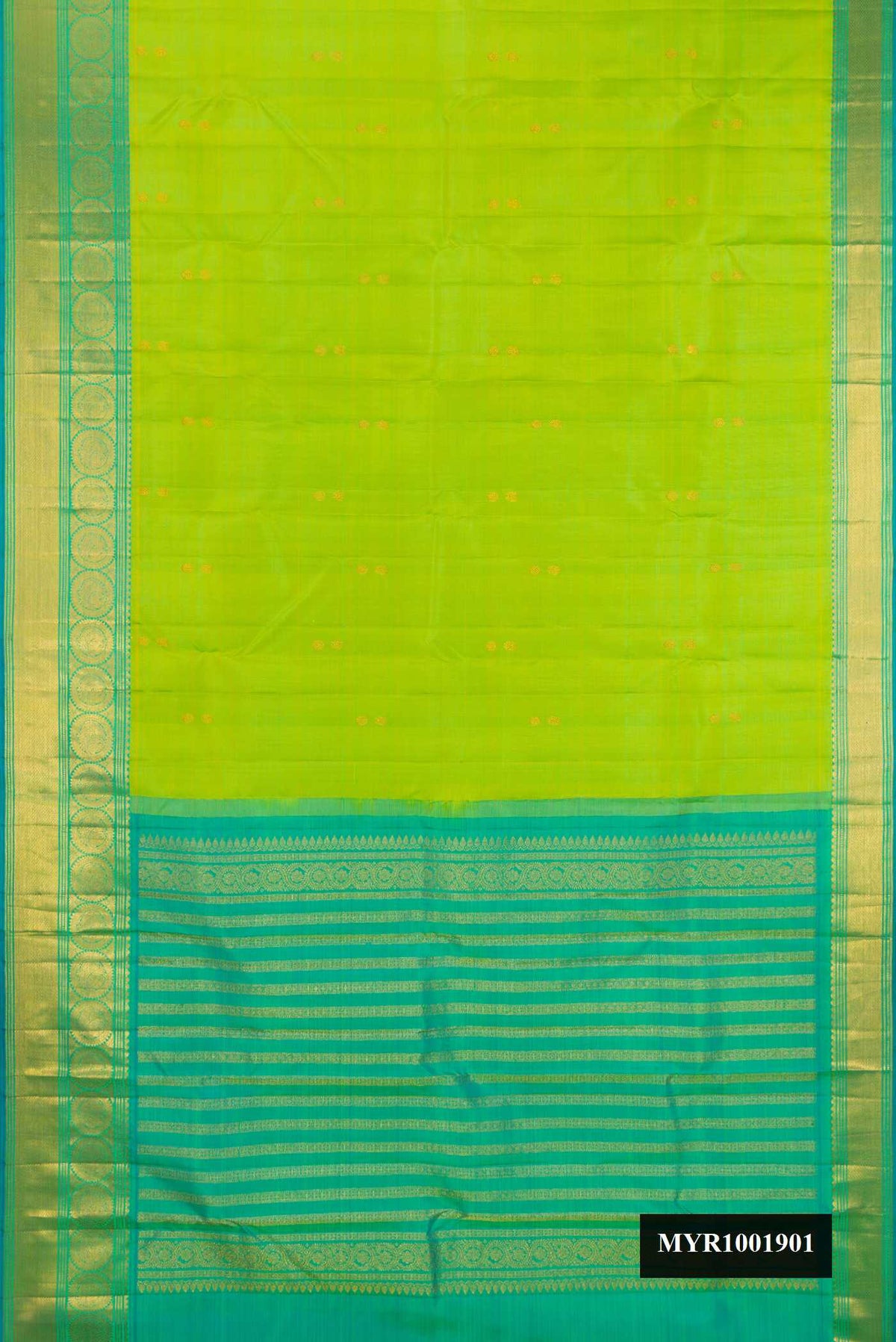 Parrot Green Dual Tone Kanchipuram Silk Saree with Zari Butta on the body and Zari Border.  displayed on a mannequin