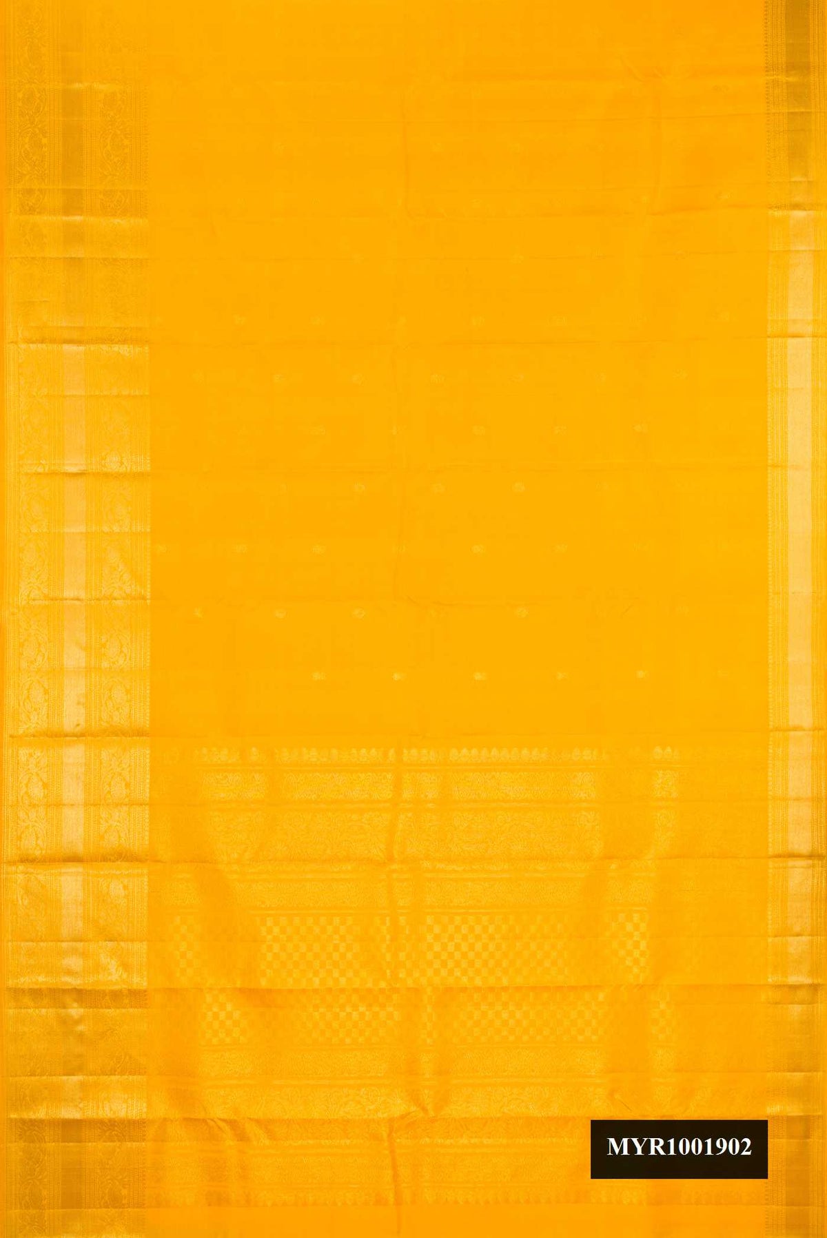 Mustard Dual Tone Kanchipuram Silk Saree with Zari Butta on the body and Zari Border.  displayed on a mannequin