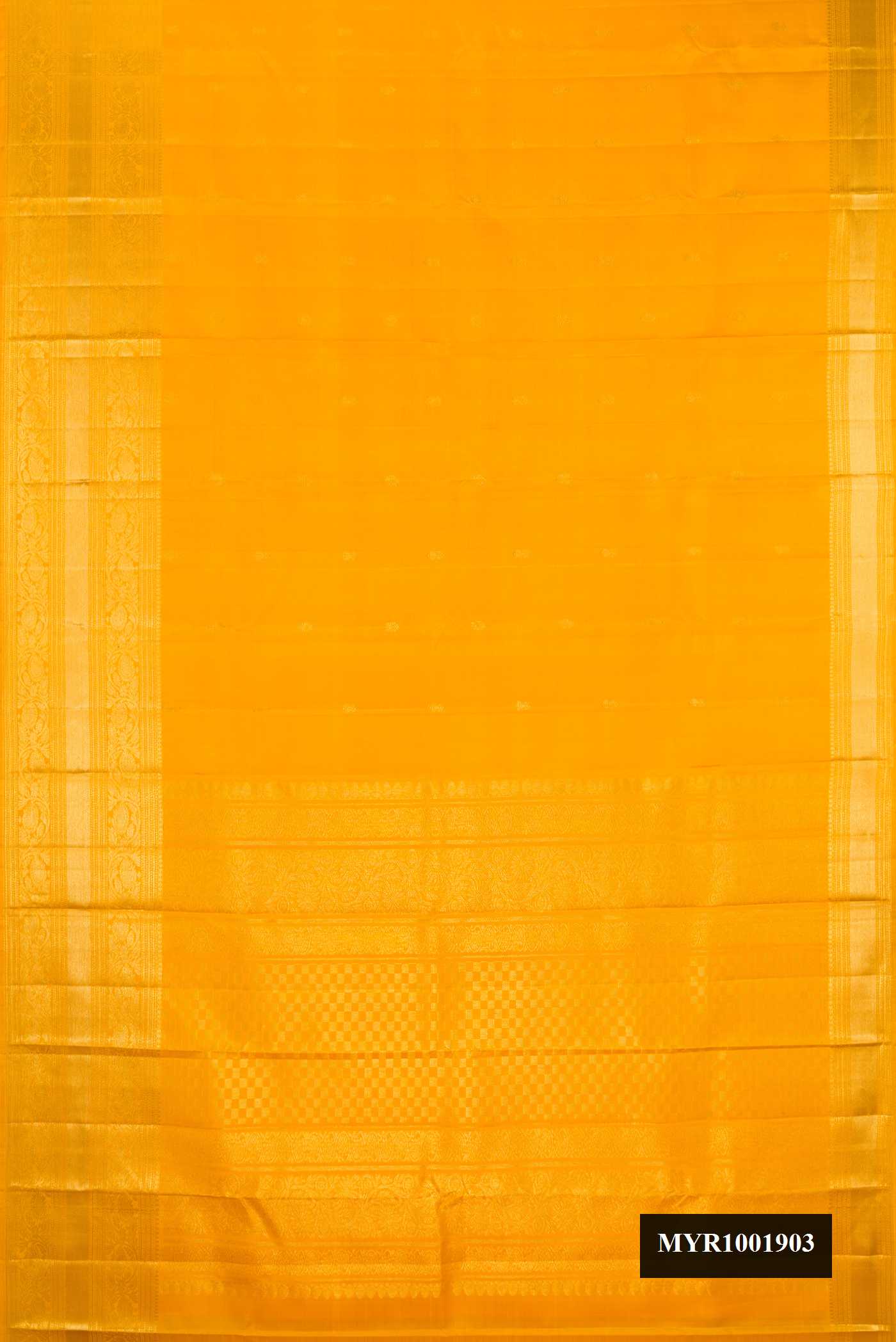 Mustard Dual Tone Kanchipuram Silk Saree with Zari Butta on the body and Zari Border.  displayed on a mannequin