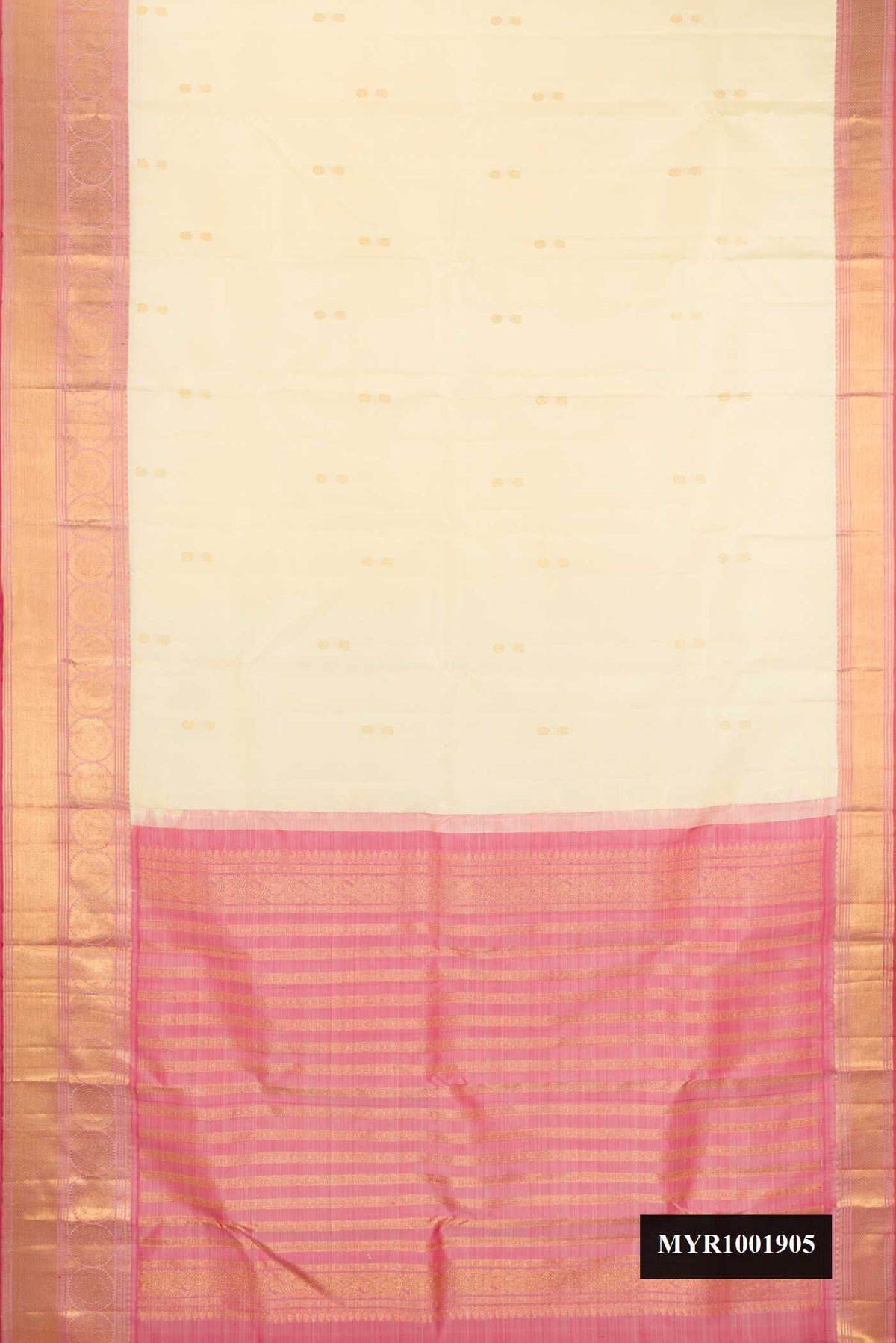 Sandal Dual Tone Kanchipuram Silk Saree with Zari Butta on the body and Zari Border.  displayed on a mannequin
