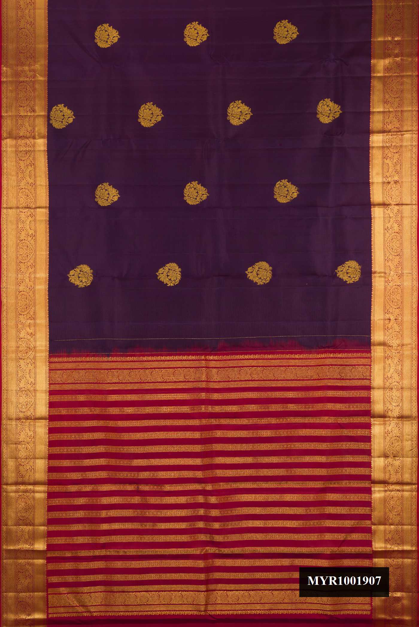 Violet Dual Tone Kanchipuram Silk Saree with Zari Butta on the body and Zari Border.  displayed on a mannequin