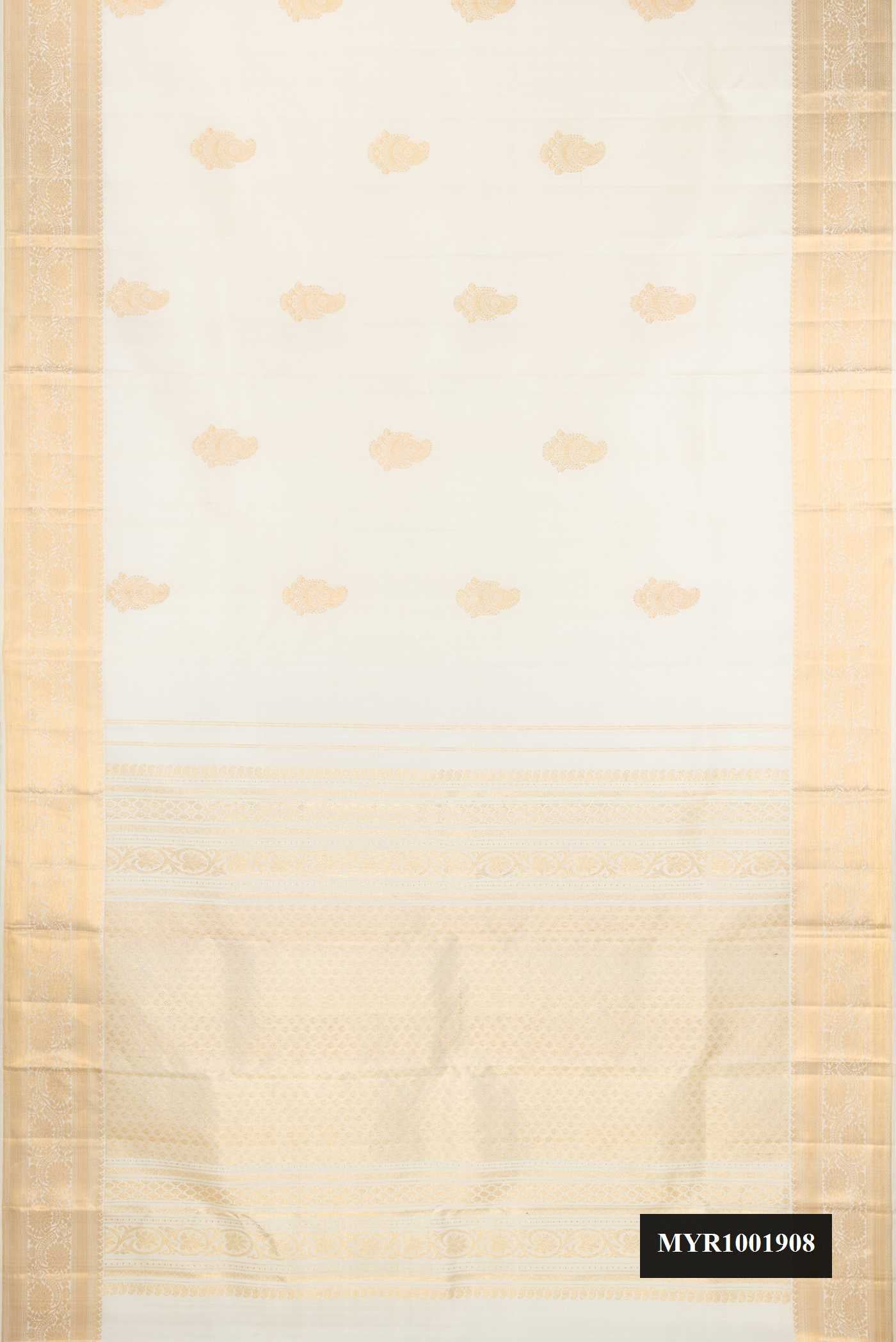Off White Dual Tone Kanchipuram Silk Saree with Zari Butta on the body and Zari Border.  displayed on a mannequin