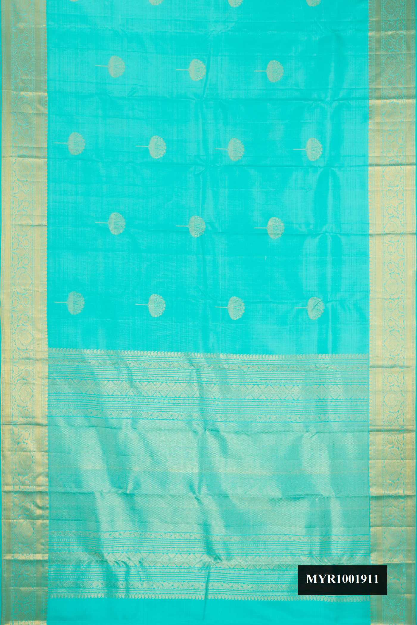 Sky Blue Dual Tone Kanchipuram Silk Saree with Zari Butta on the body and Zari Border.  displayed on a mannequin