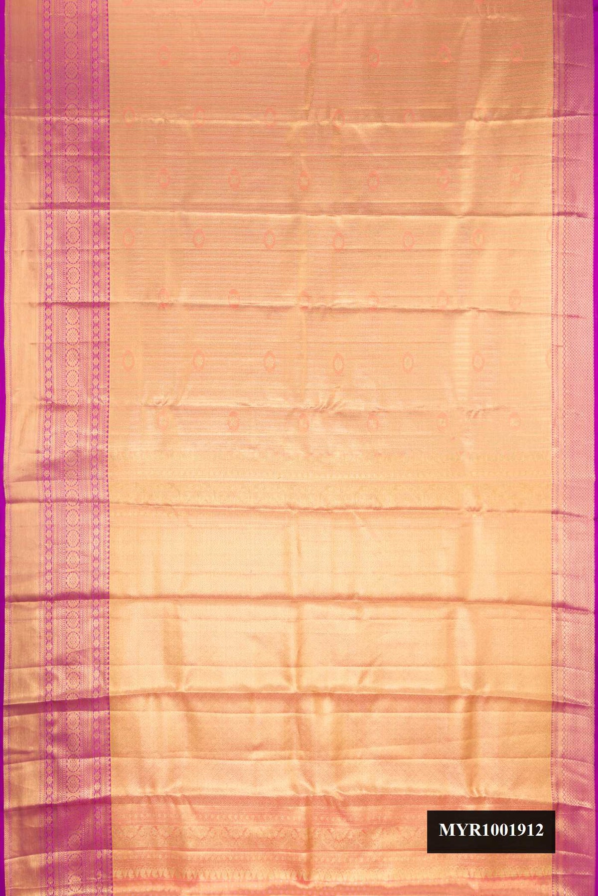 Peach Dual Tone Kanchipuram Tissue Silk Saree with Zari Brocade on the body and Zari Border.  displayed on a mannequin