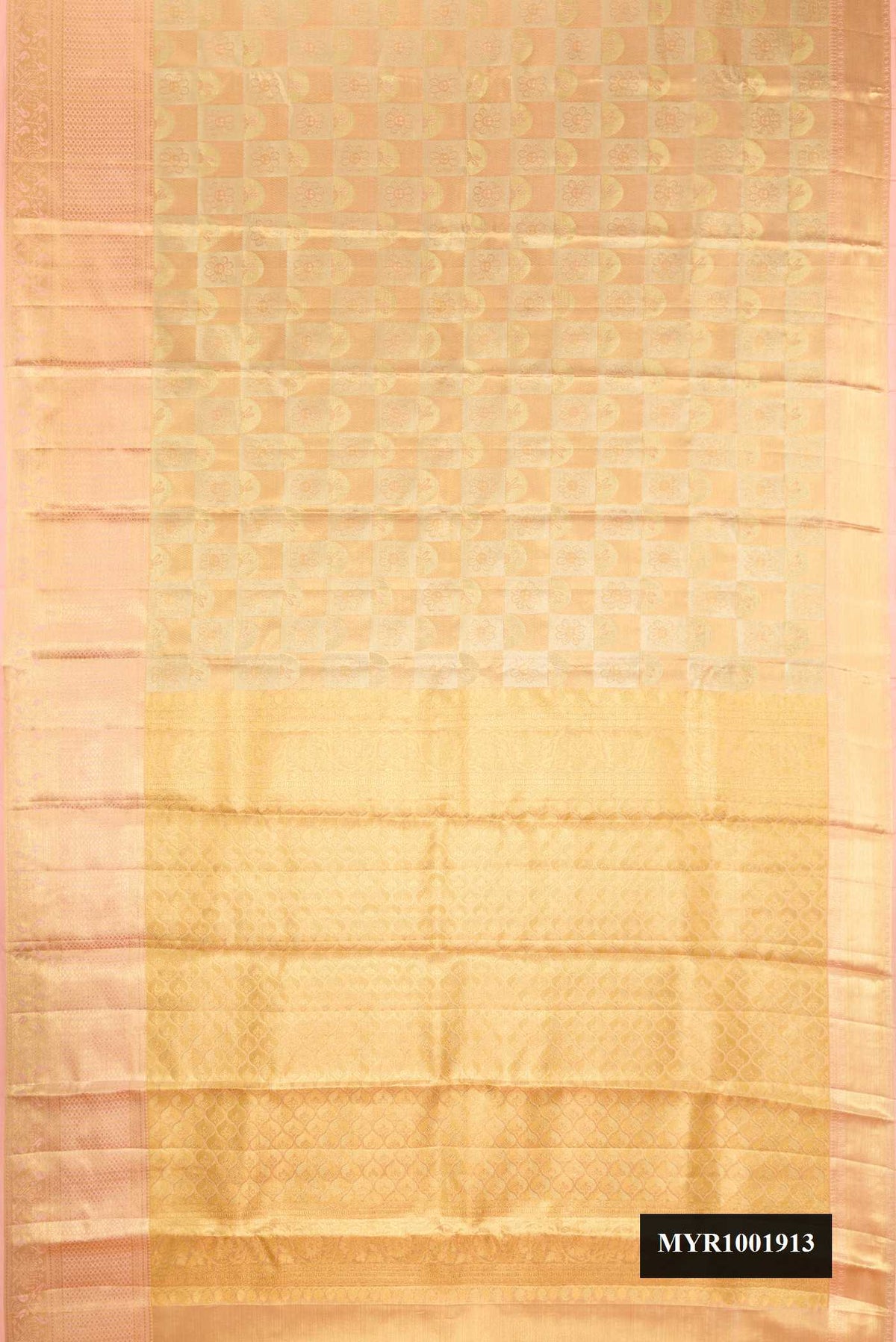 Gold Dual Tone Kanchipuram Tissue Silk Saree with Zari Brocade on the body and Zari Border.  displayed on a mannequin