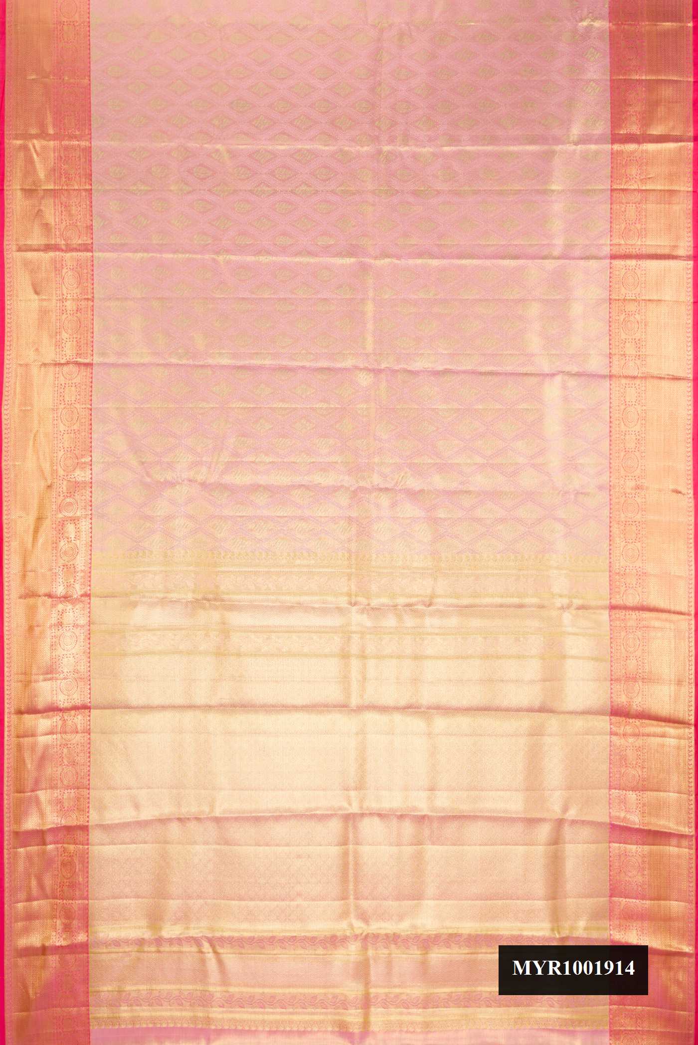 Rose pink Dual Tone Kanchipuram Tissue Silk Saree with Zari Brocade on the body and Zari Border.  displayed on a mannequin