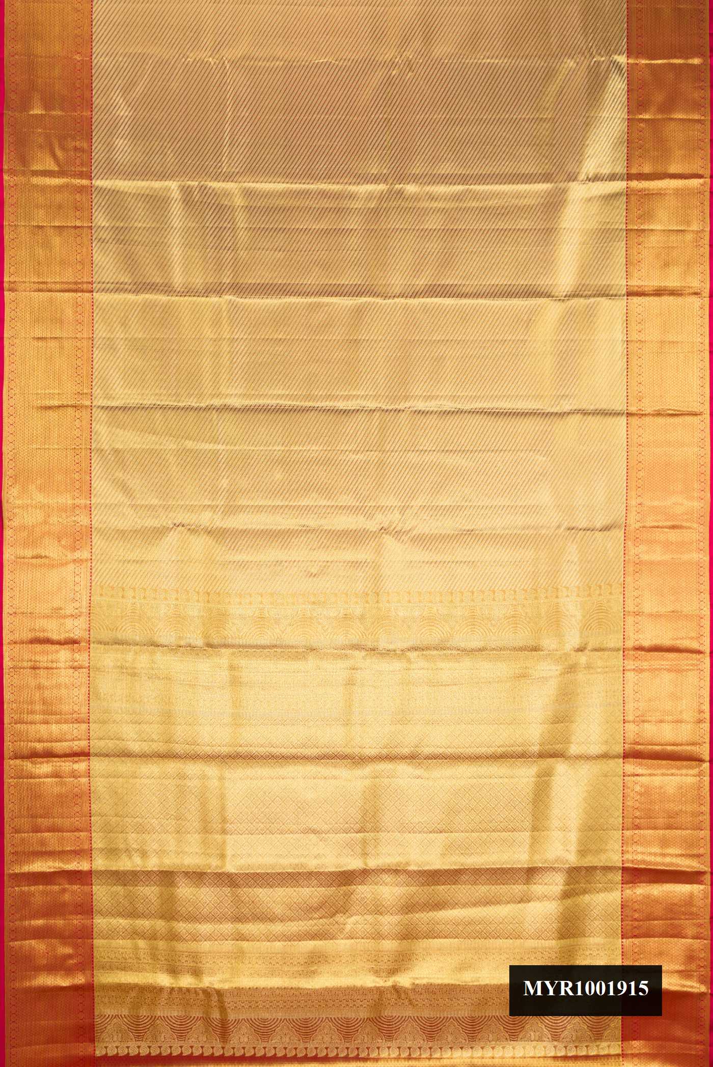 Gold Dual Tone Kanchipuram Tissue Silk Saree with Zari Brocade on the body and Zari Border.  displayed on a mannequin