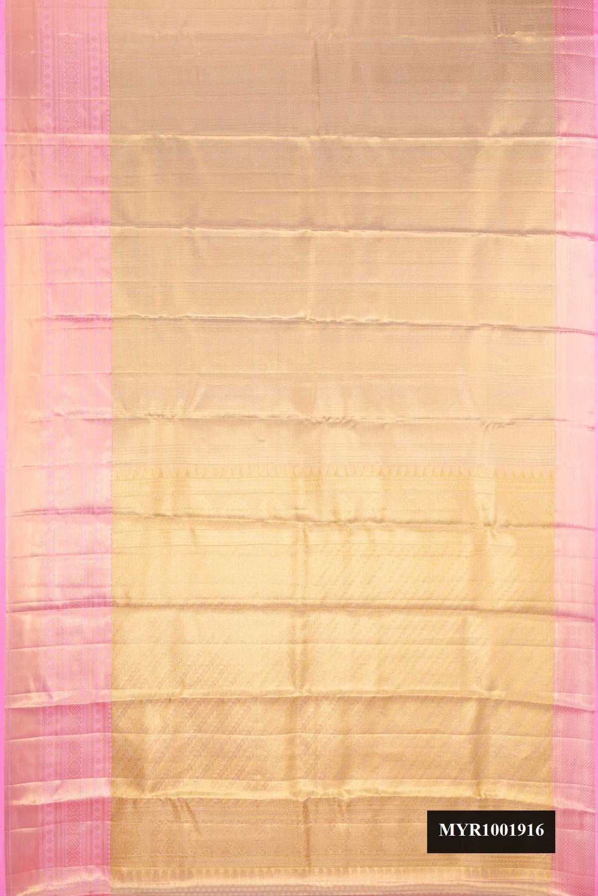 Gold Dual Tone Kanchipuram Tissue Silk Saree with Zari Brocade on the body and Zari Border.  displayed on a mannequin