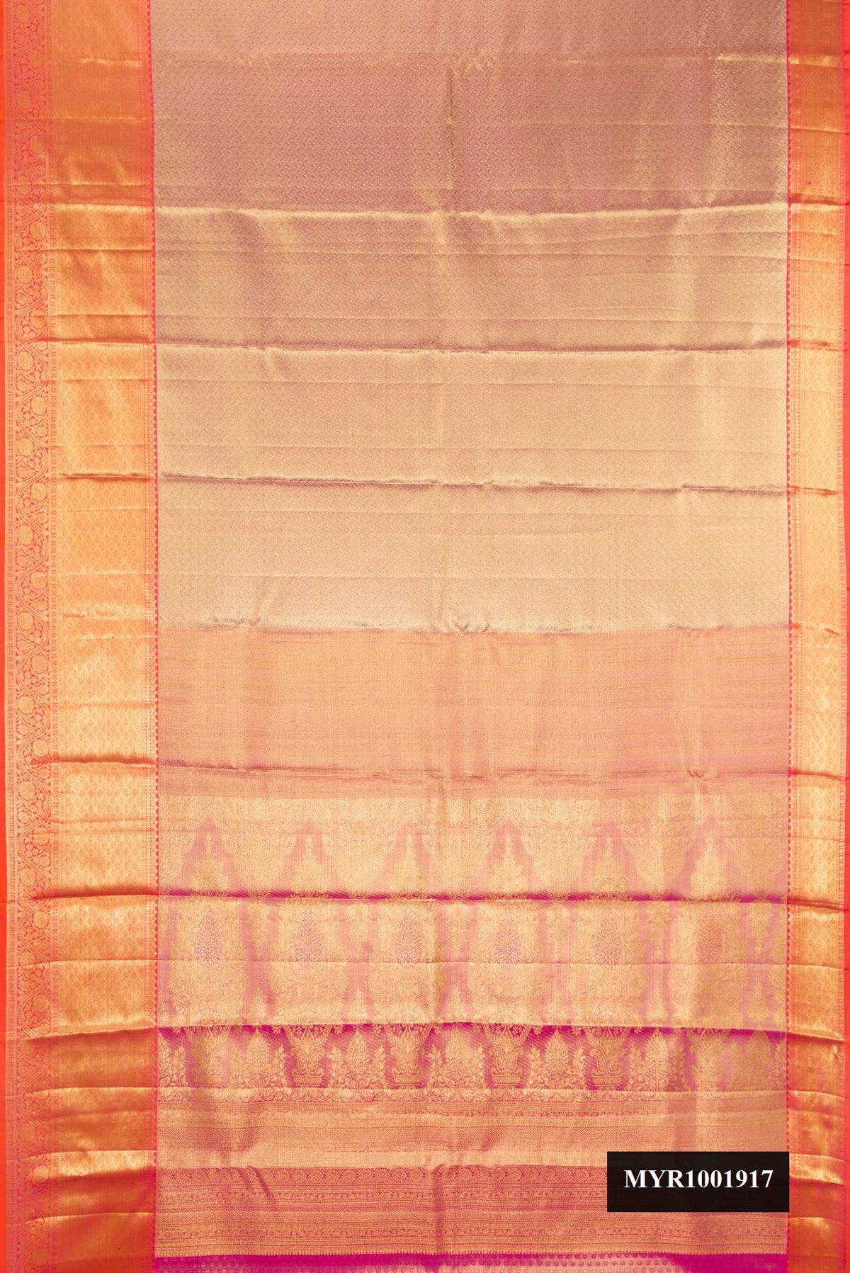 Pink Dual Tone Kanchipuram Tissue Silk Saree with Zari Brocade on the body and Zari Border.  displayed on a mannequin