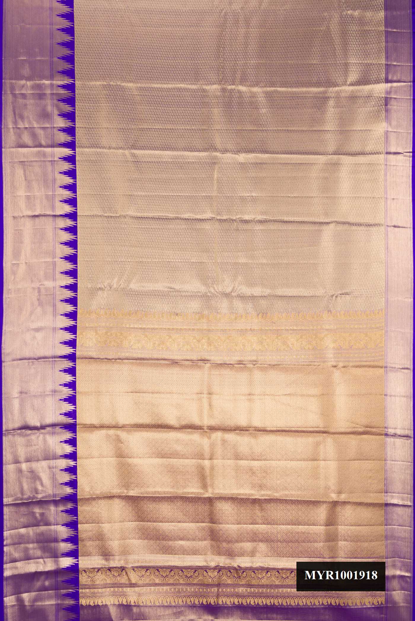 Gold Dual Tone Kanchipuram Tissue Silk Saree with Zari Brocade on the body and Temple Border.  displayed on a mannequin