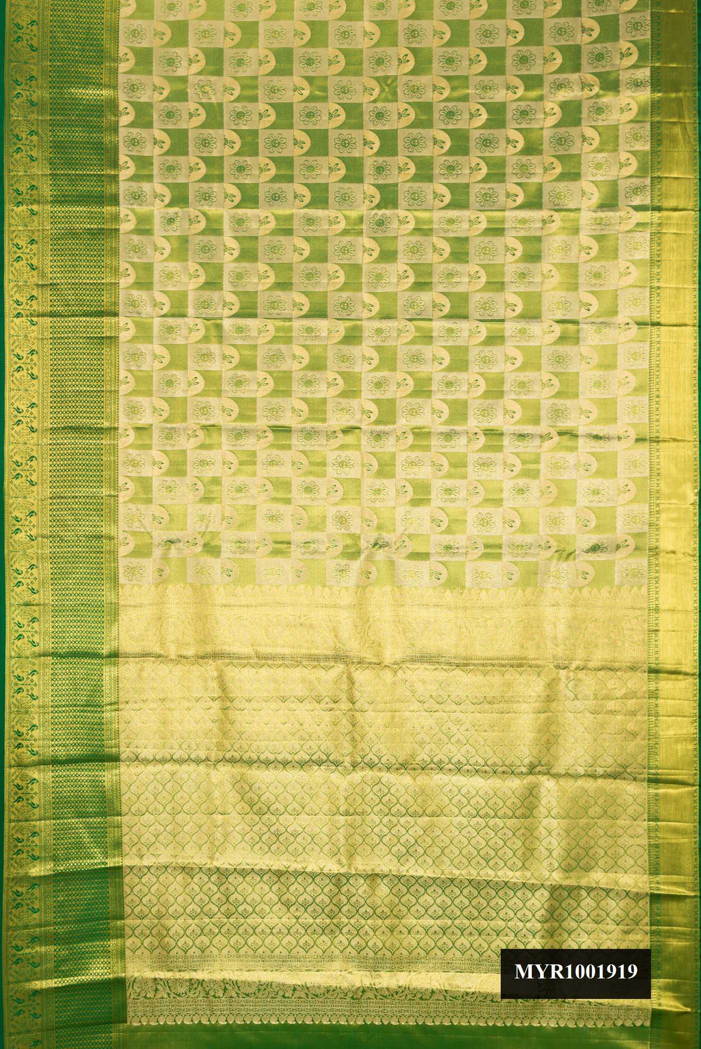 Green Dual Tone Kanchipuram Tissue Silk Saree with Zari Brocade on the body and Zari Border.  displayed on a mannequin