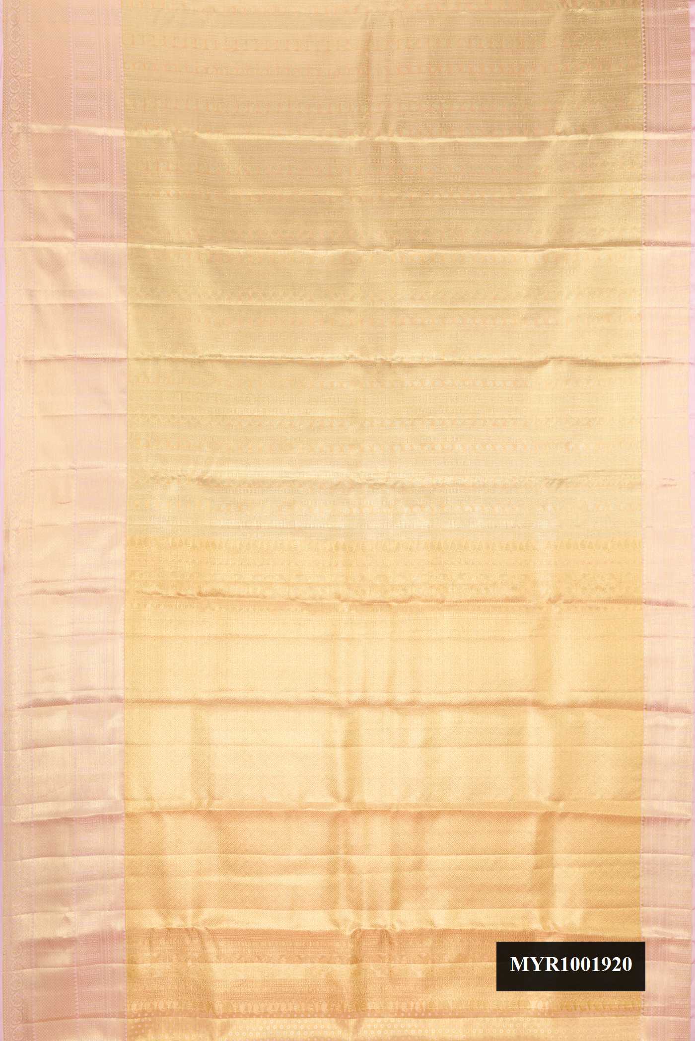Gold Dual Tone Kanchipuram Tissue Silk Saree with Zari Brocade on the body and Zari Border.  displayed on a mannequin