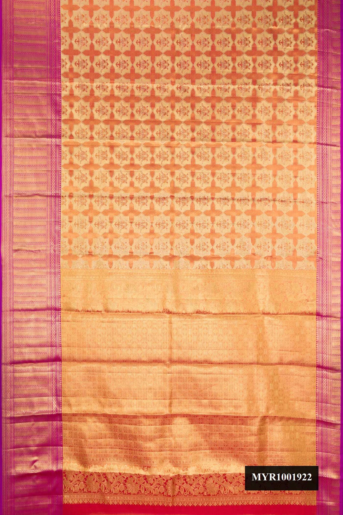 Gold Dual Tone Kanchipuram Tissue Silk Saree with Zari Brocade on the body and Zari Border.  displayed on a mannequin