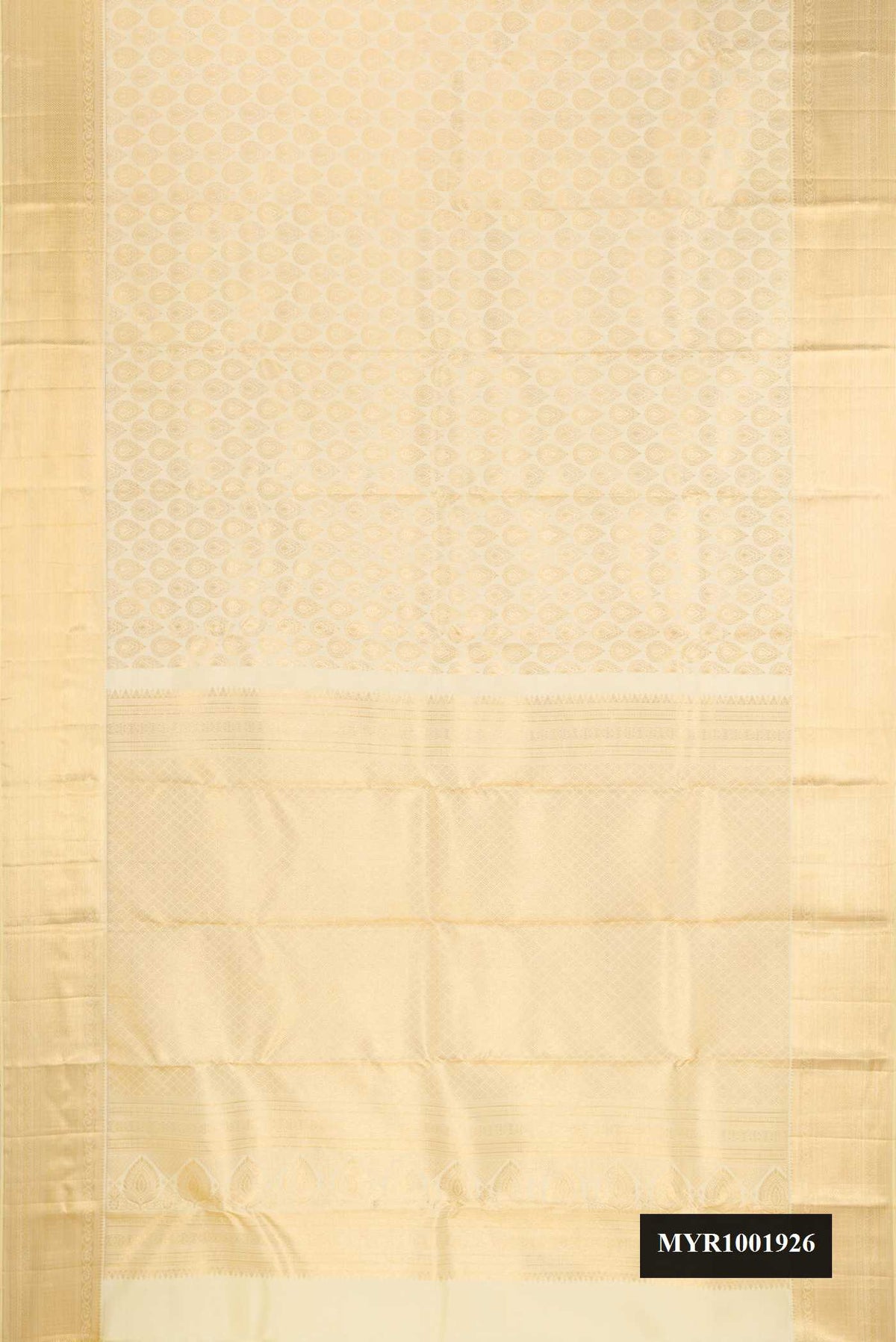 Sandal Dual Tone Kanchipuram Silk Saree with Zari Brocade on the body and Zari Border.  displayed on a mannequin