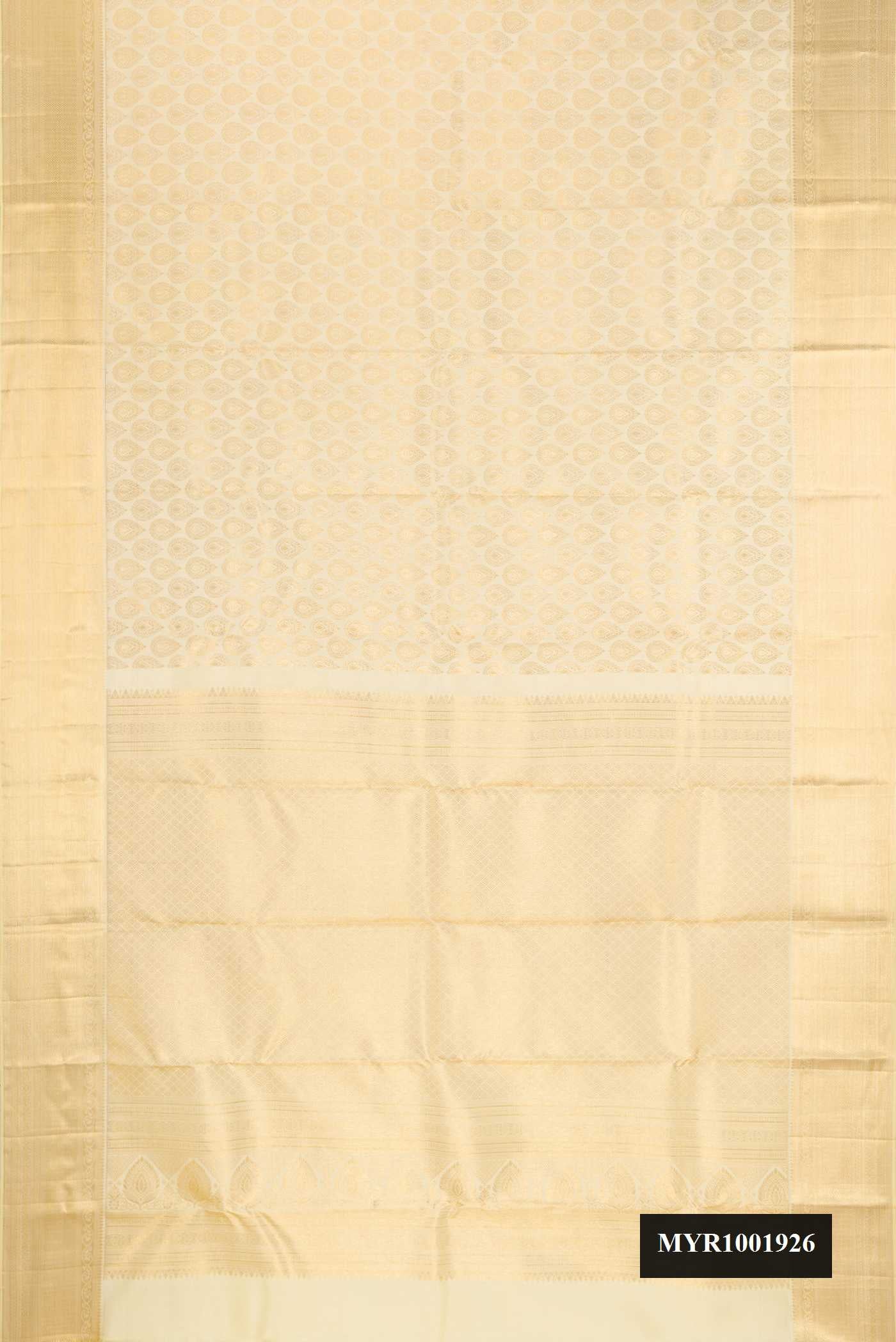 Sandal Dual Tone Kanchipuram Silk Saree with Zari Brocade on the body and Zari Border.  displayed on a mannequin