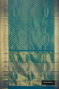 Peacock Blue Dual Tone Kanchipuram Silk Saree with Zari Brocade on the body and Zari Border.  displayed on a mannequin