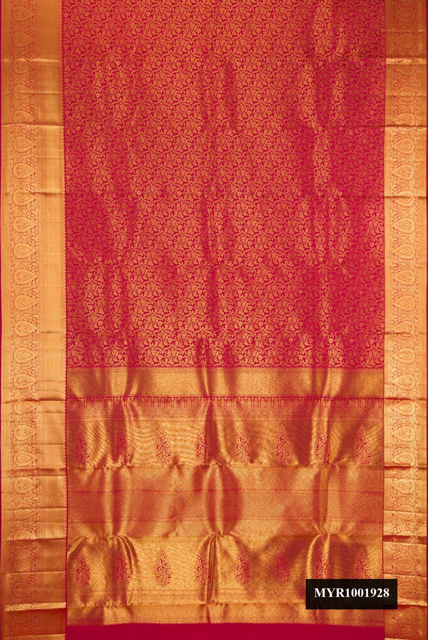 Maroon Dual Tone Kanchipuram Silk Saree with Zari Brocade on the body and Zari Border.  displayed on a mannequin