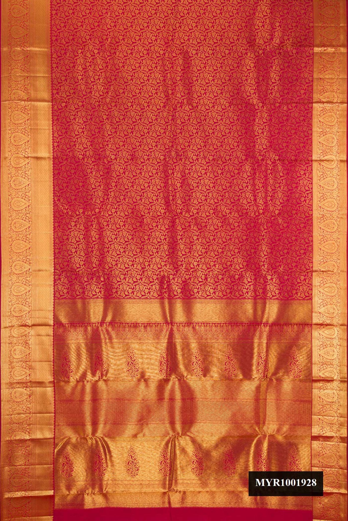Maroon Dual Tone Kanchipuram Silk Saree with Zari Brocade on the body and Zari Border.  displayed on a mannequin