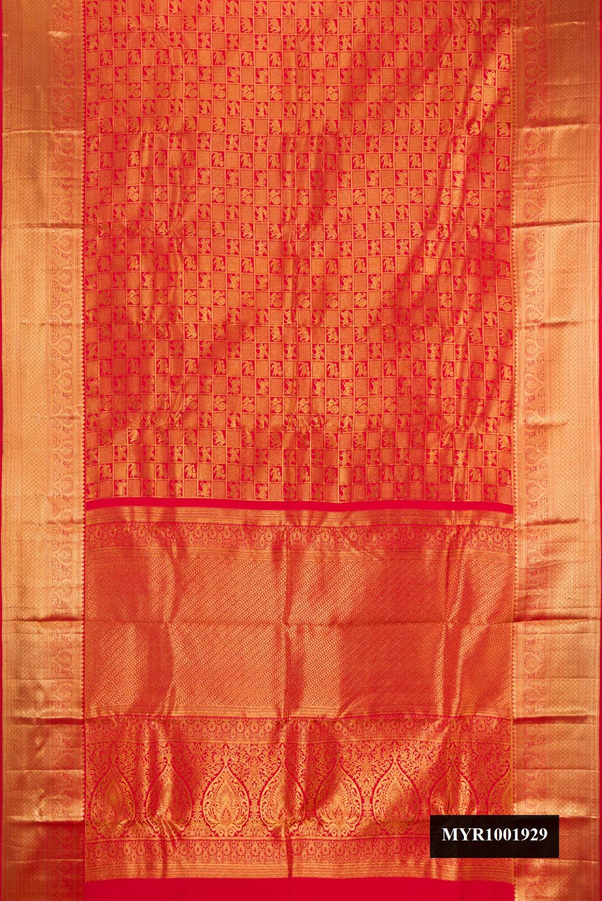 Red Dual Tone Kanchipuram Silk Saree with Zari Brocade on the body and Zari Border.  displayed on a mannequin