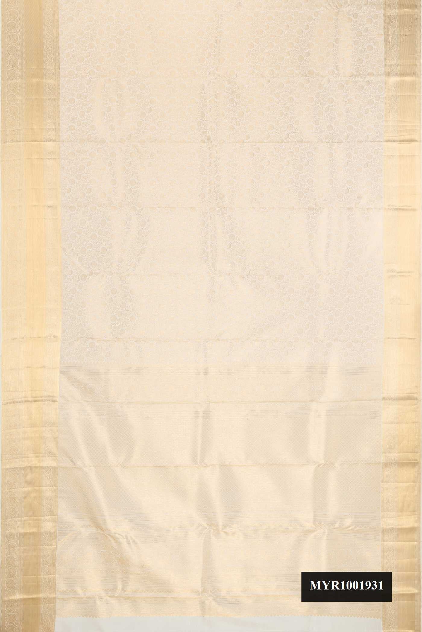 Off White Dual Tone Kanchipuram Silk Saree with Zari Brocade on the body and Zari Border.  displayed on a mannequin