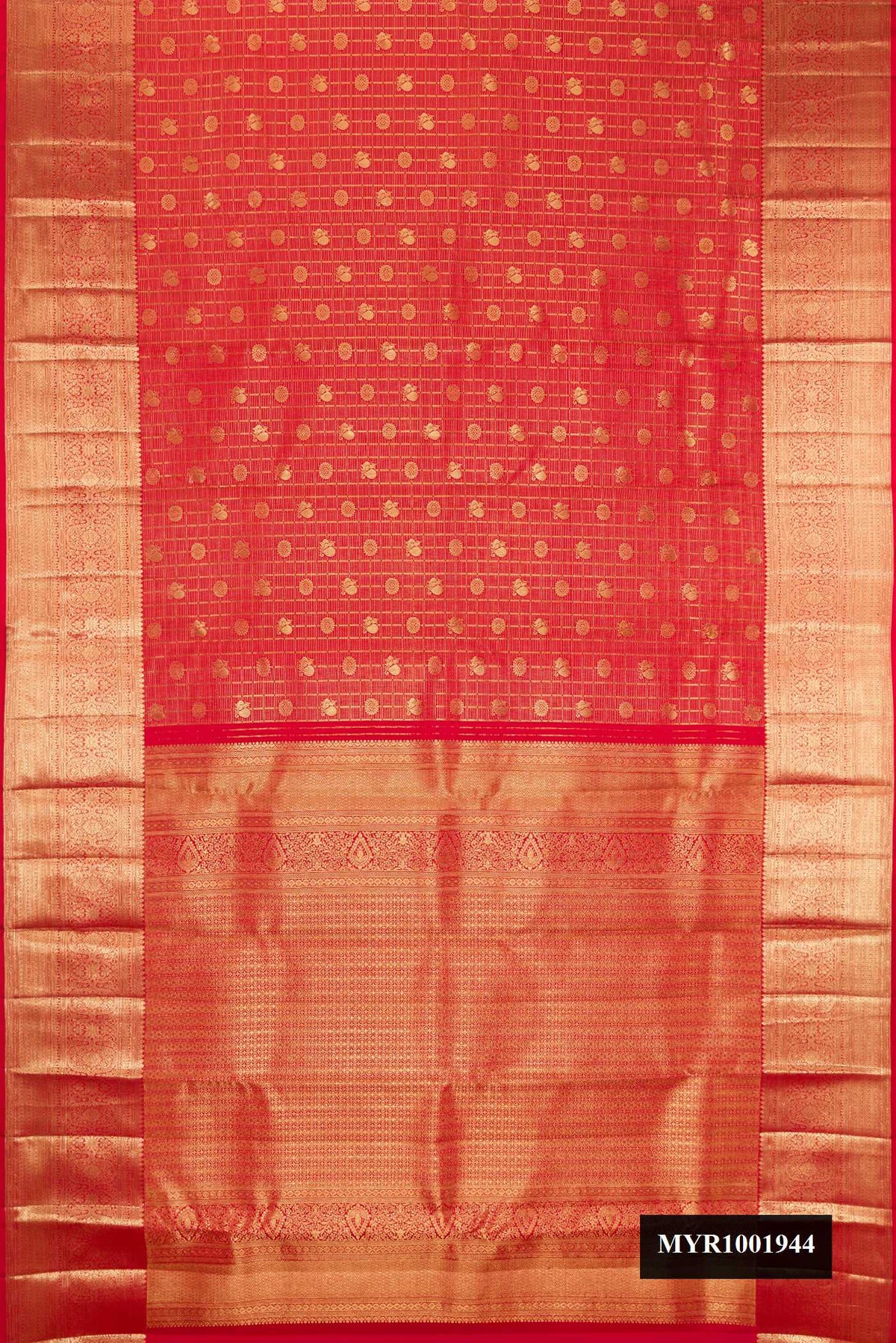 Red Dual Tone Kanchipuram Silk Saree with Zari Brocade on the body and Zari Border.  displayed on a mannequin