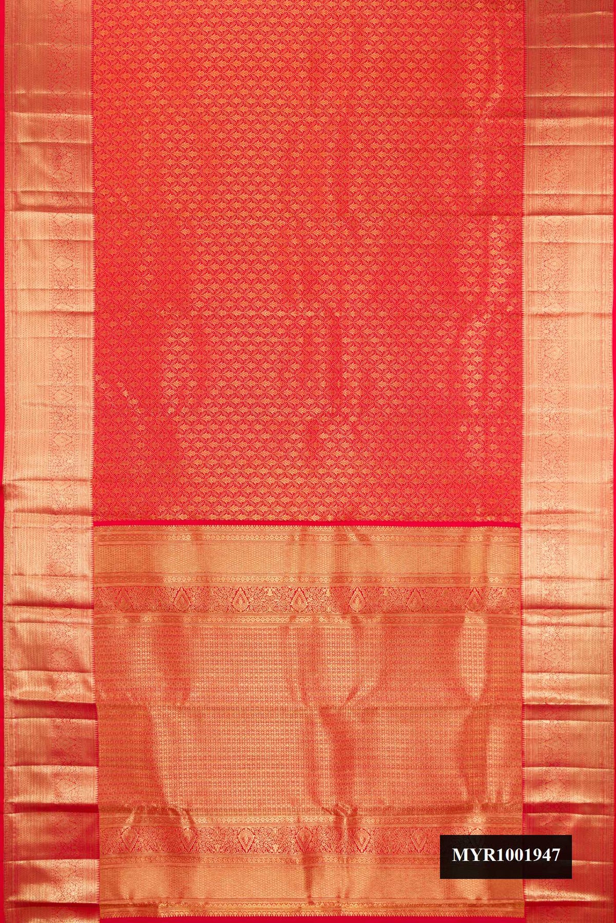 Red Dual Tone Kanchipuram Silk Saree with Zari Brocade on the body and Zari Border.  displayed on a mannequin