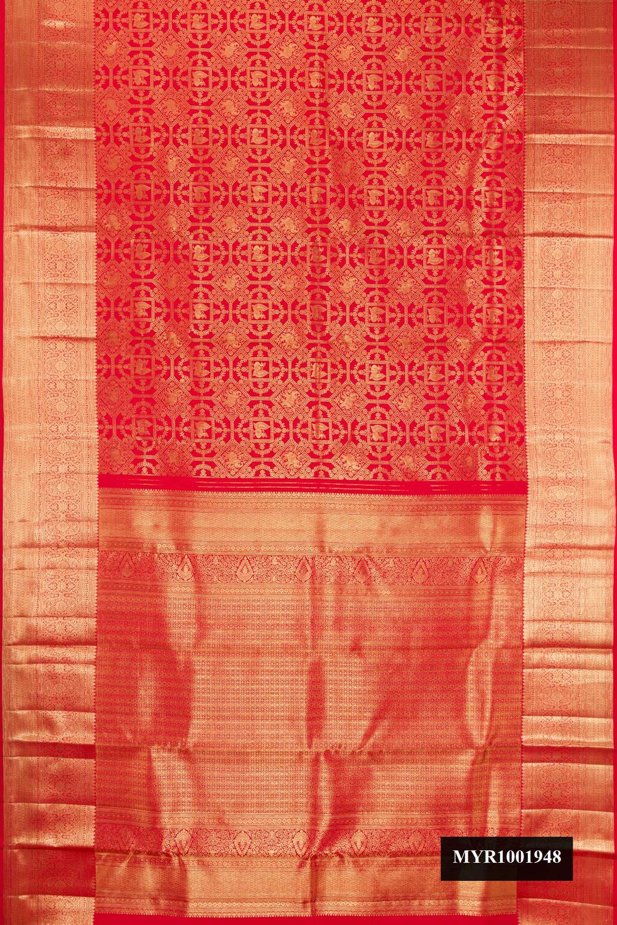 Red Dual Tone Kanchipuram Silk Saree with Zari Brocade on the body and Zari Border.  displayed on a mannequin
