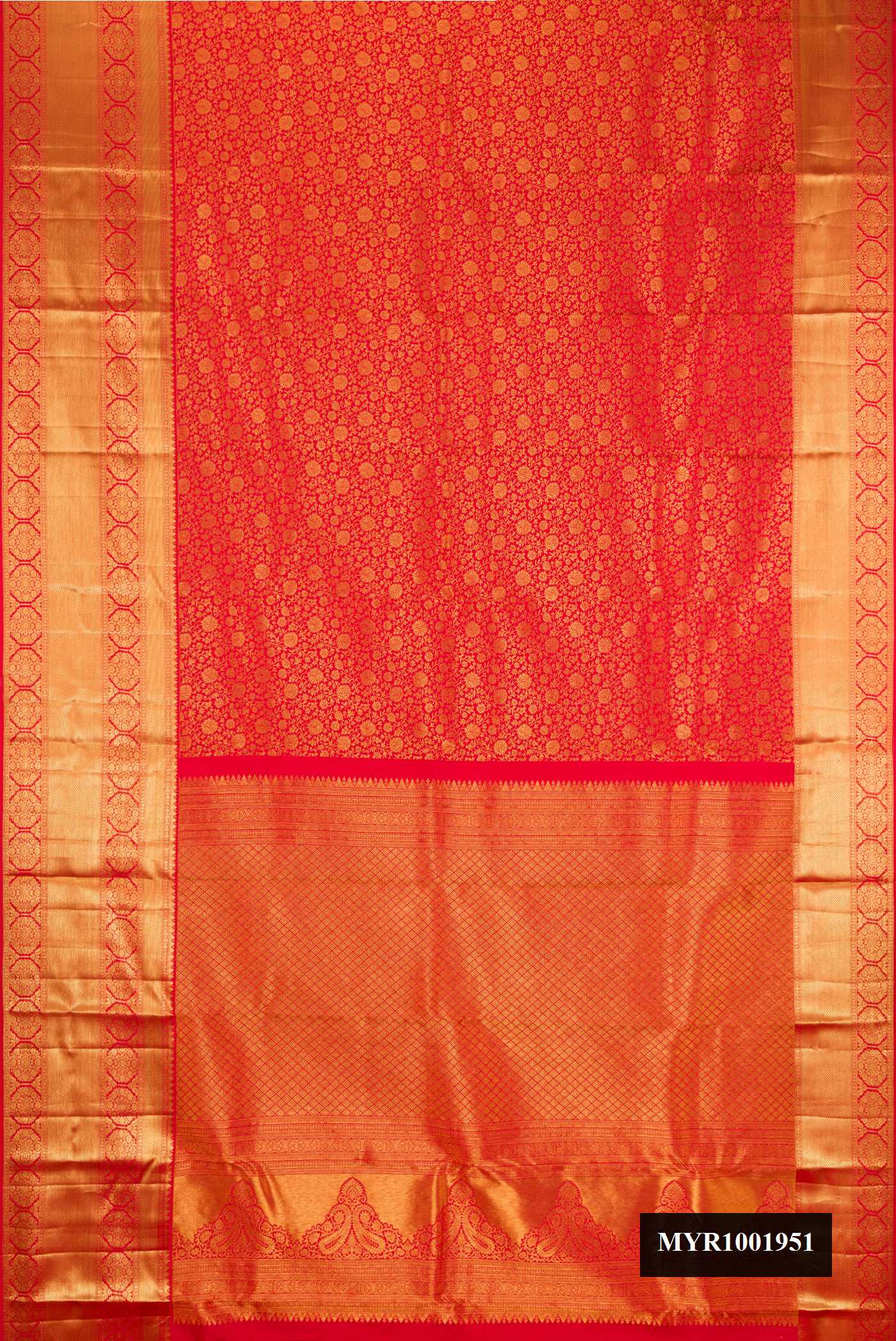 Red Dual Tone Kanchipuram Silk Saree with Zari Brocade on the body and Zari Border.  displayed on a mannequin