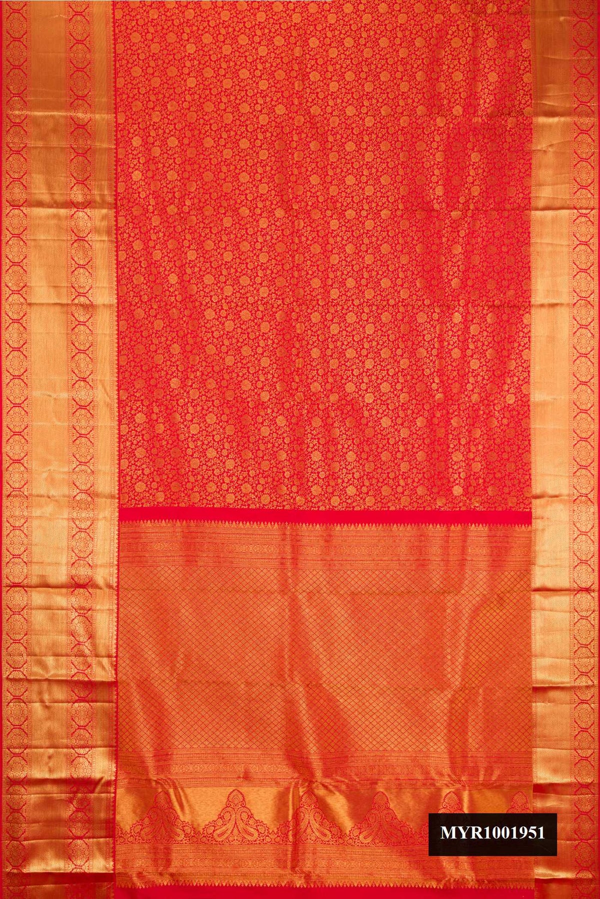 Red Dual Tone Kanchipuram Silk Saree with Zari Brocade on the body and Zari Border.  displayed on a mannequin