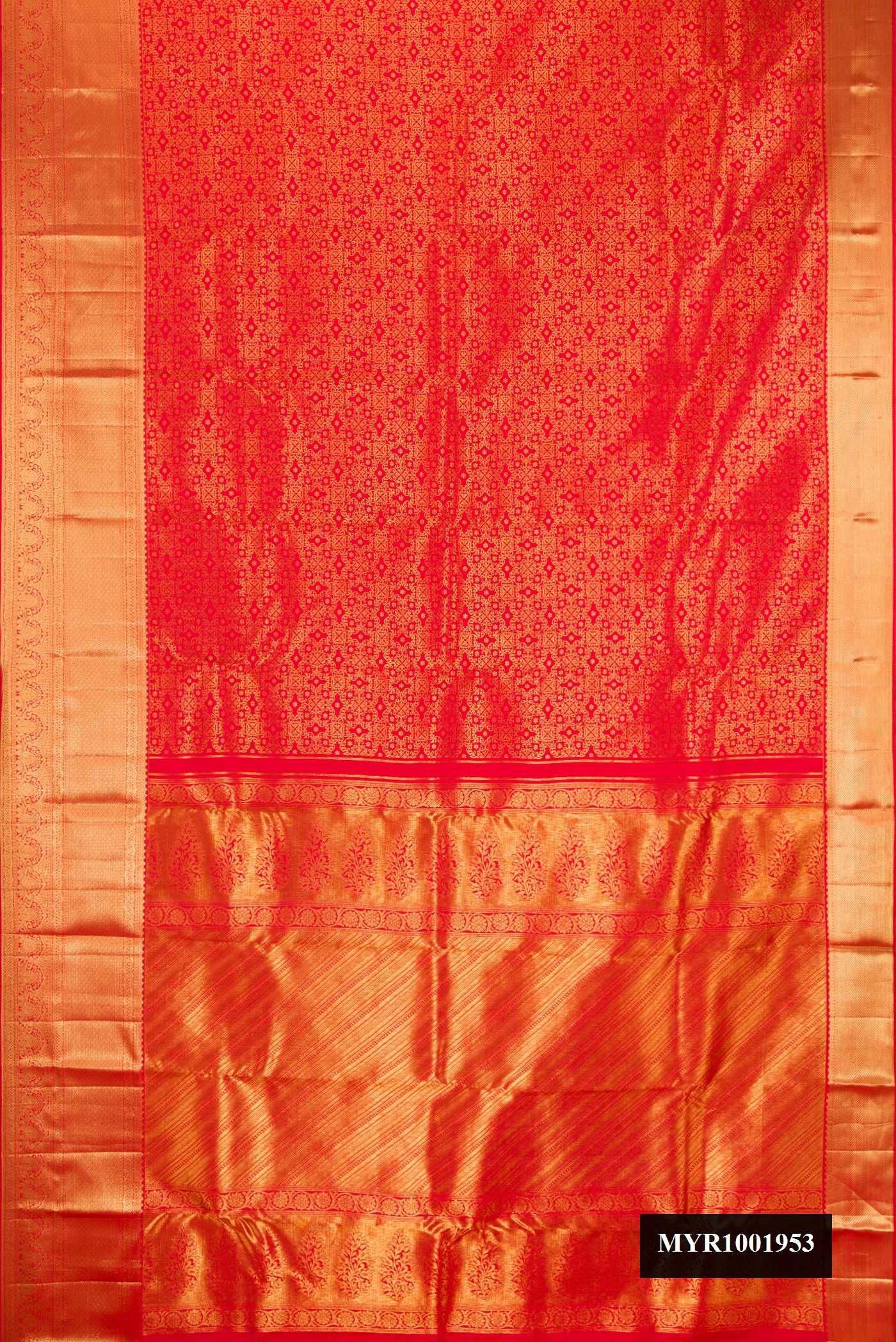 Red Dual Tone Kanchipuram Silk Saree with Zari Brocade on the body and Zari Border.  displayed on a mannequin