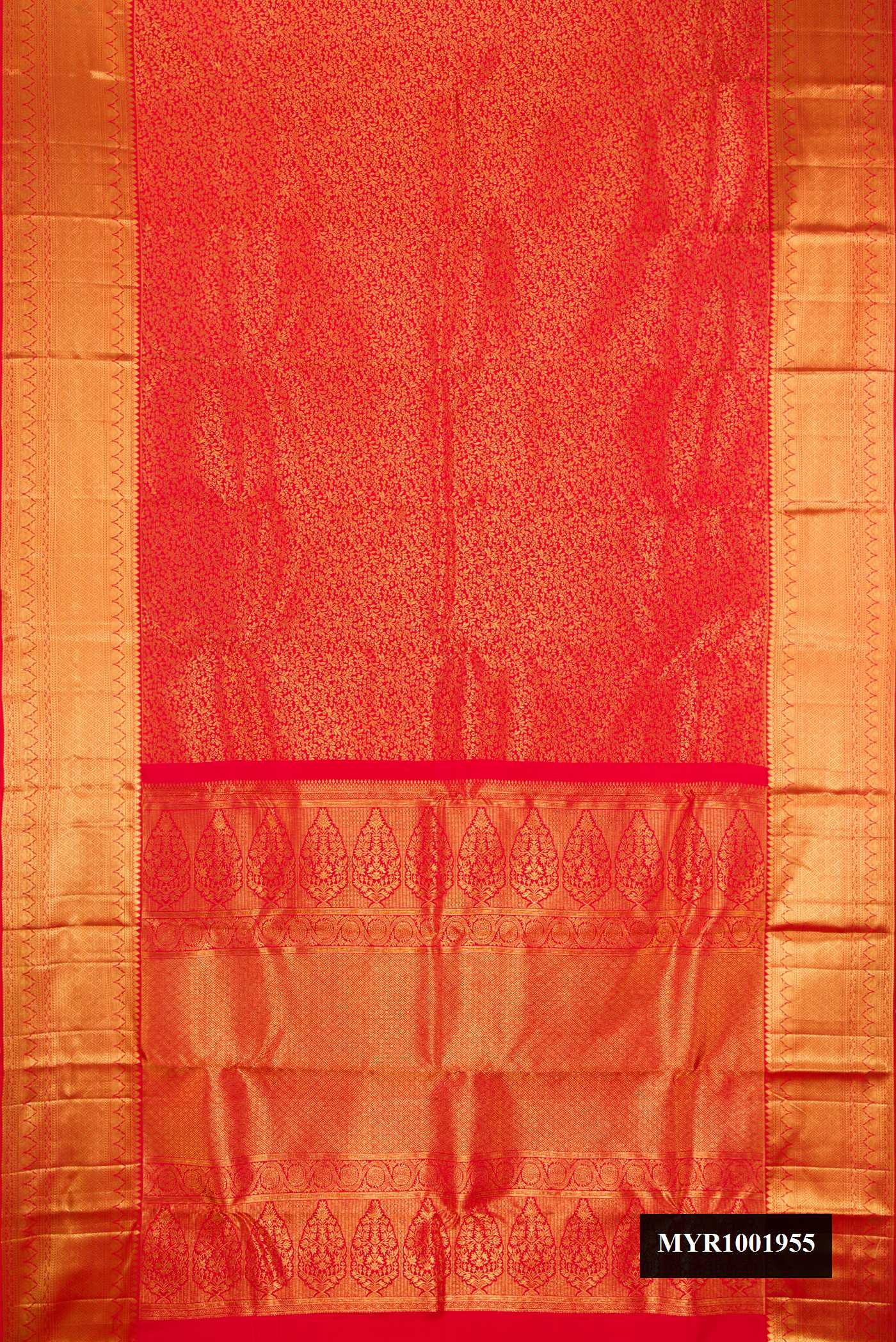 Red Dual Tone Kanchipuram Silk Saree with Zari Brocade on the body and Zari Border.  displayed on a mannequin