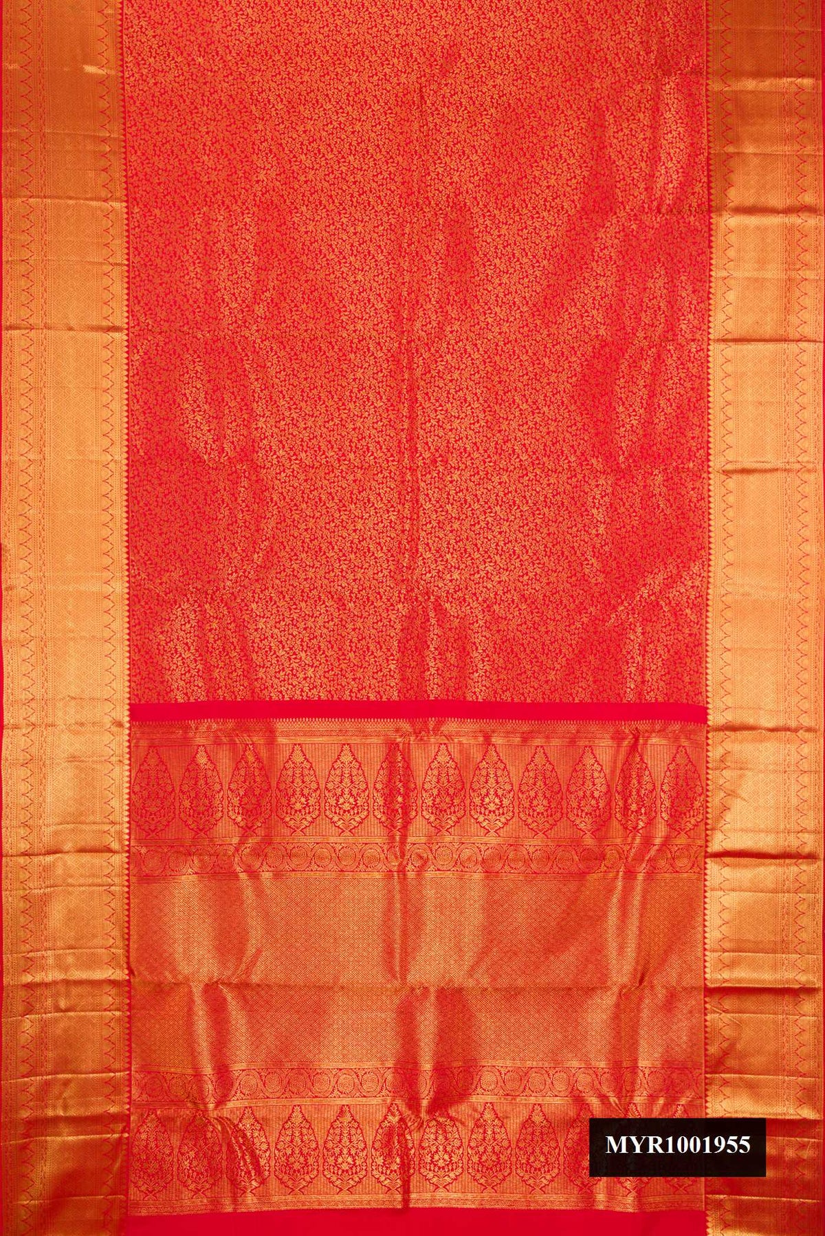 Red Dual Tone Kanchipuram Silk Saree with Zari Brocade on the body and Zari Border.  displayed on a mannequin