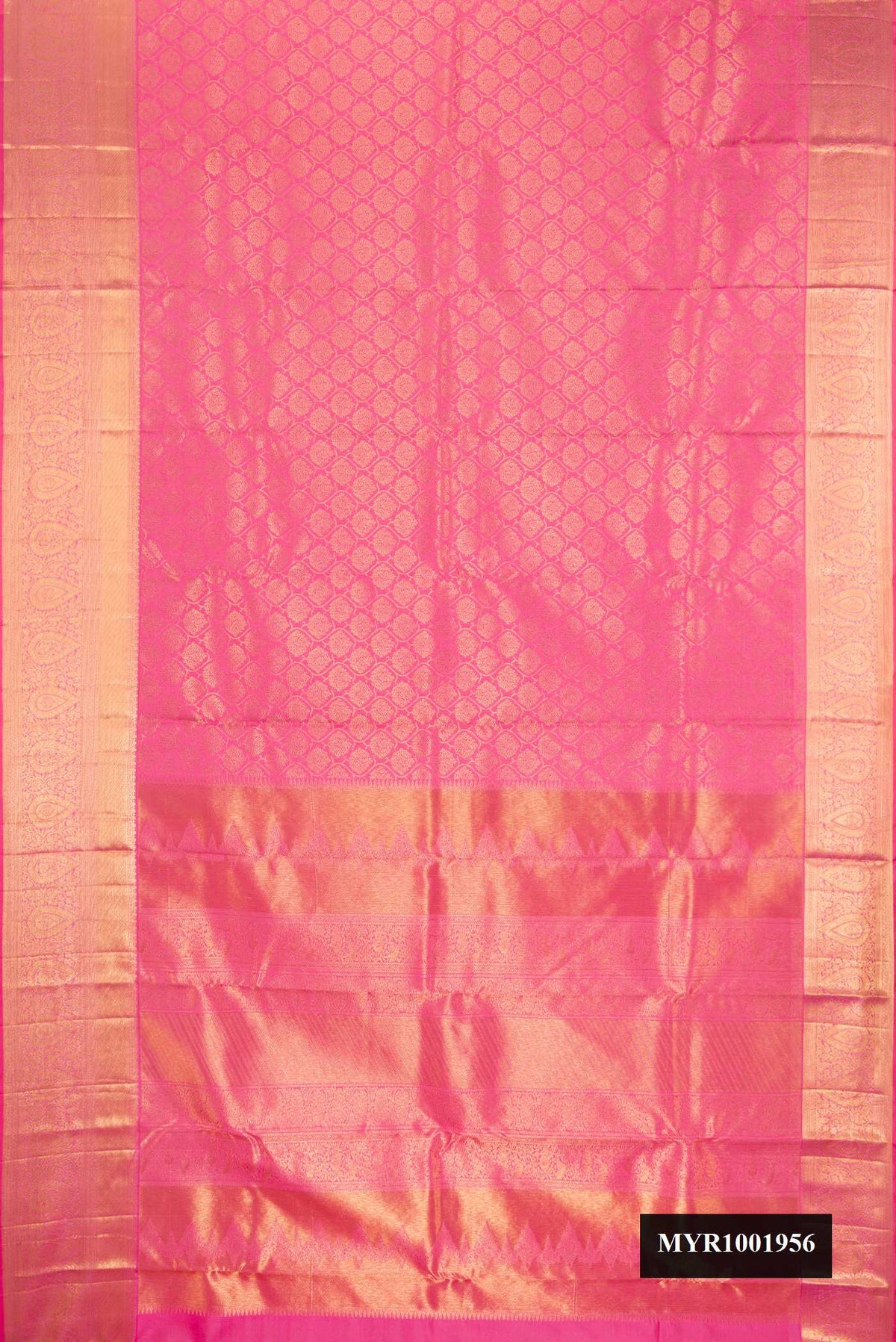 Rose pink Dual Tone Kanchipuram Silk Saree with Zari Brocade on the body and Zari Border.  displayed on a mannequin