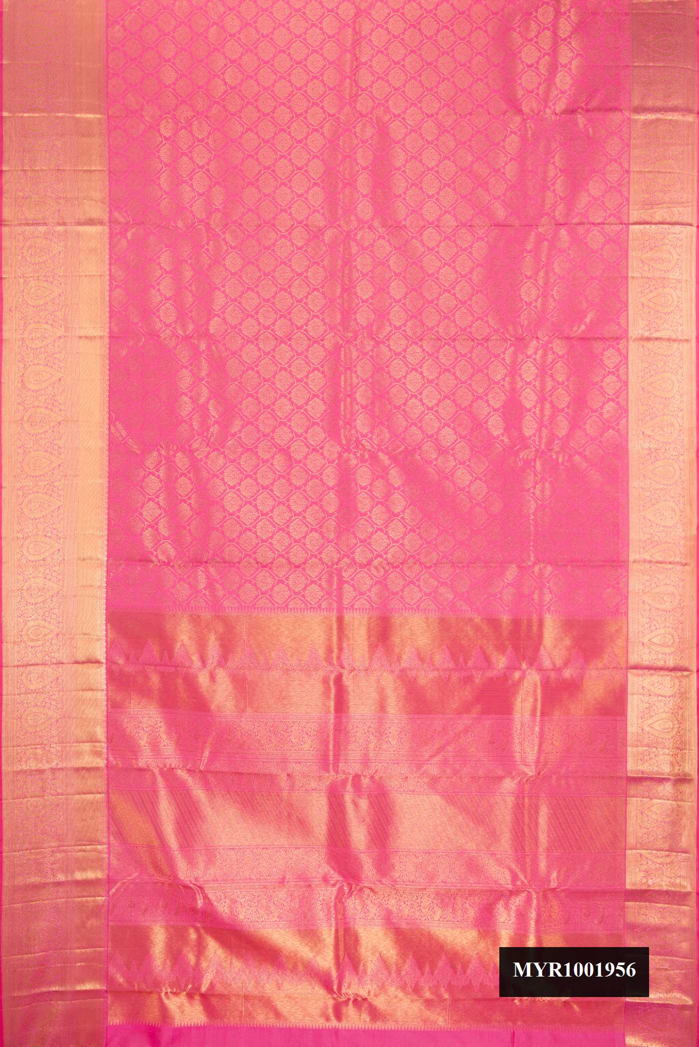 Rose pink Dual Tone Kanchipuram Silk Saree with Zari Brocade on the body and Zari Border.  displayed on a mannequin